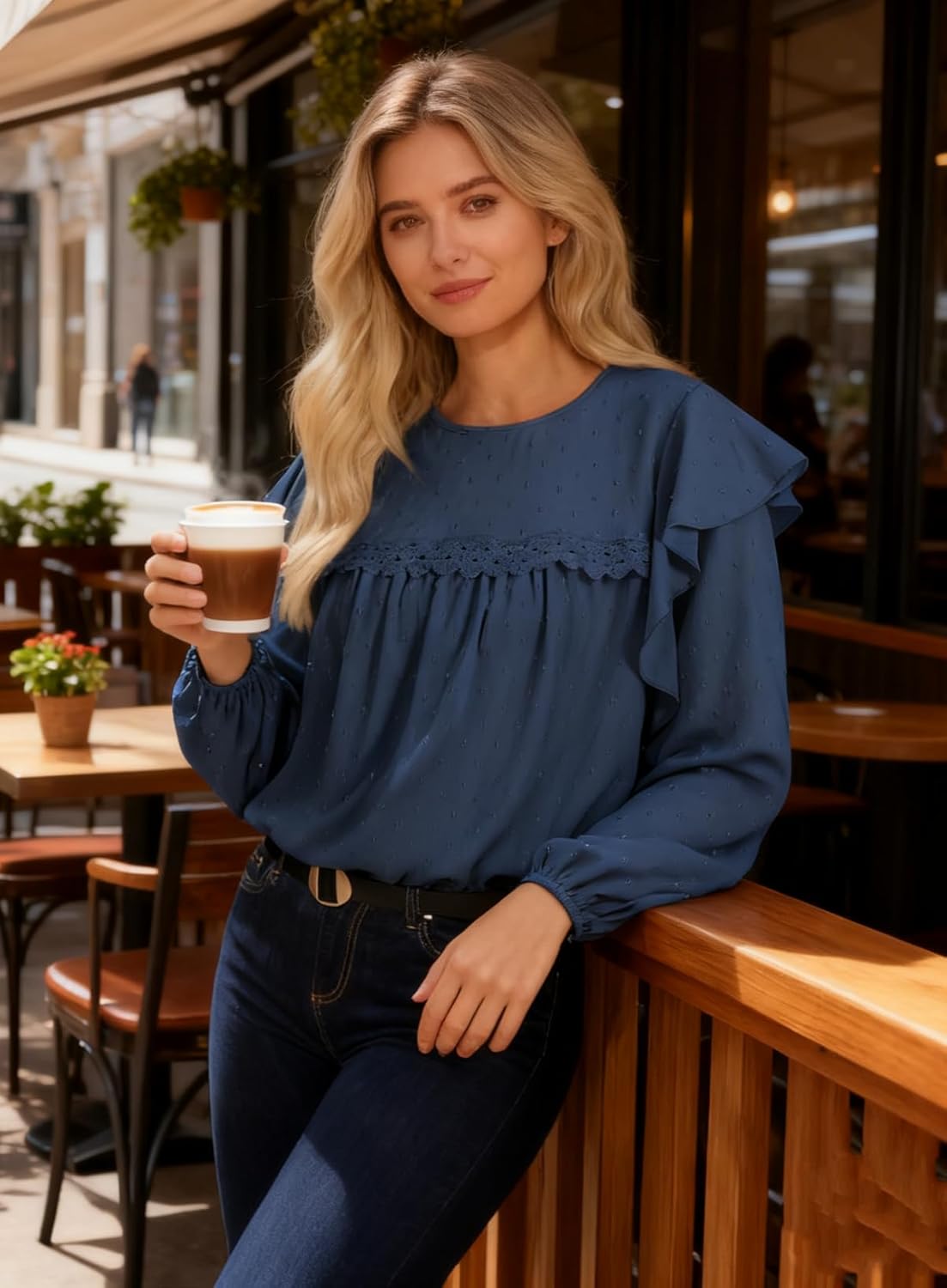 AlvaQ Women Plus Size Tops Crewneck Ruffle Long Sleeve Shirts Casual Lace Swiss Dot Chiffon Blouses L-4X - Image 4