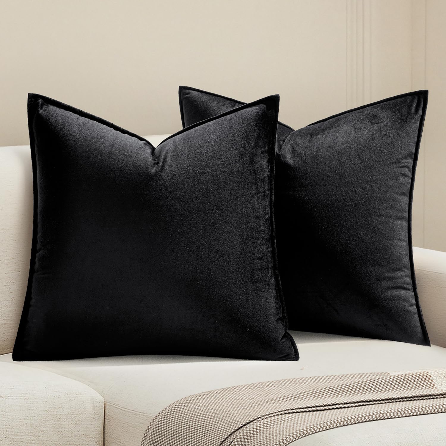 MIULEE Pack of 2 Decorative Velvet Throw Pillow Cover Soft Pillowcase Solid Square Cushion Case for Sofa Bedroom Car 26x26 Inch Black