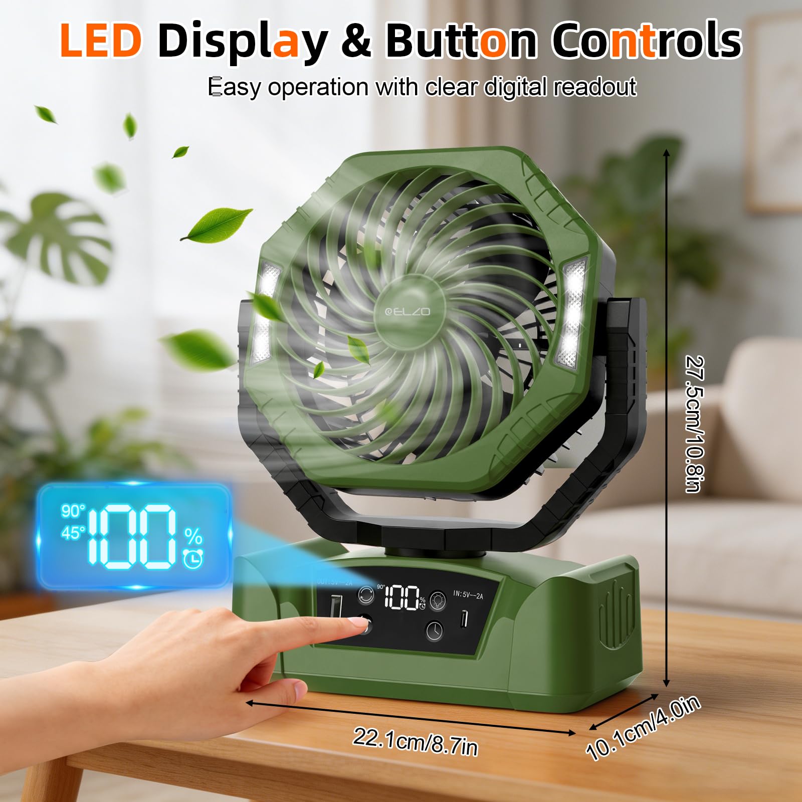 ELZO 20000mAh Camping Fan with LED Light, Portable Rechargeable Desk Tent USB Fan with Remote & Hook, Head Rotation - Image 4