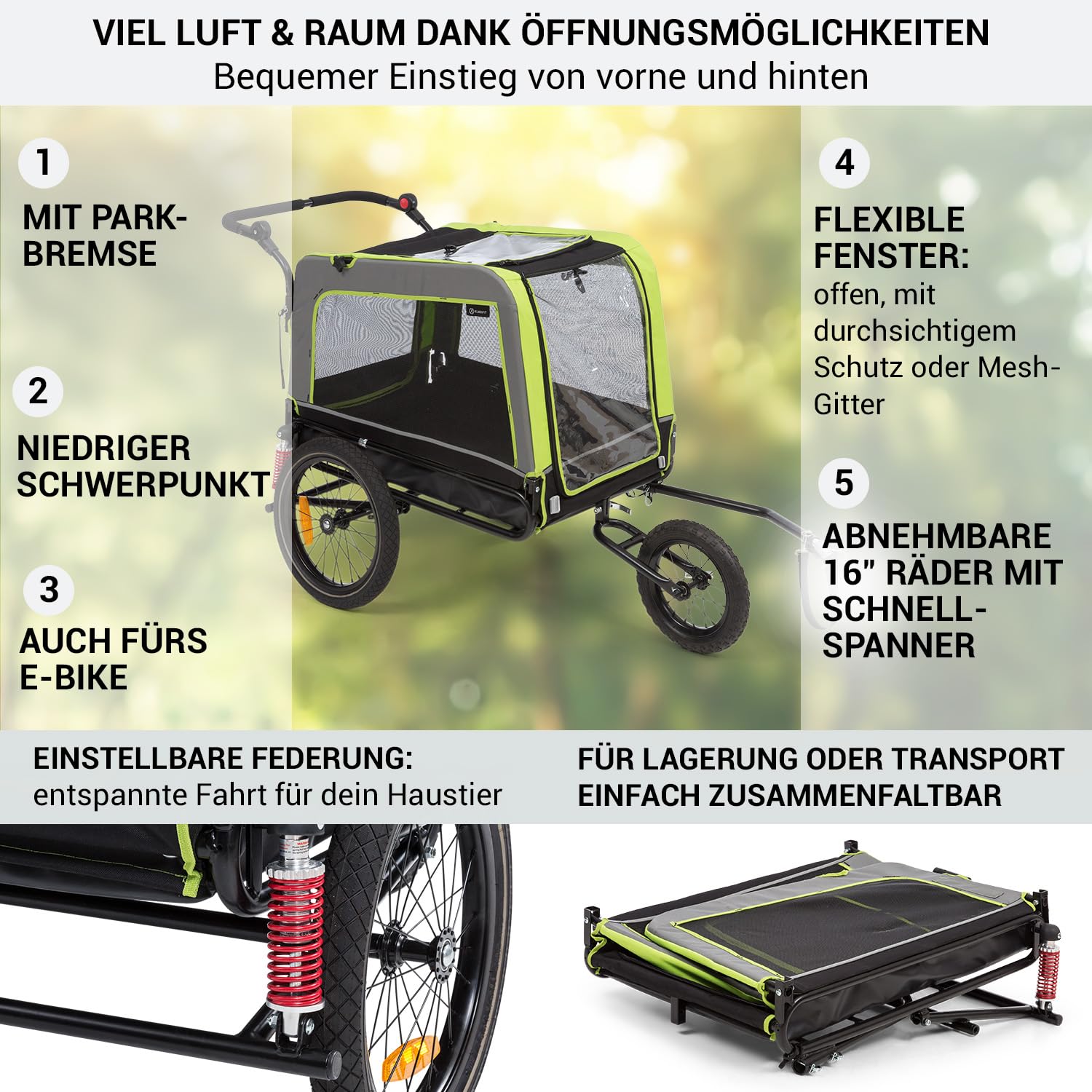 Klarfit Fahrradanhänger für Hunde, 2-in-1 Hunde Fahrradanhänger & Hundebuggy, Hunde-Fahrradanhänger Klappbar, Fahrradanhänger Hund, Hundeanhänger Gefedert mit Reflektoren & Leine, für Hunde bis 40kg