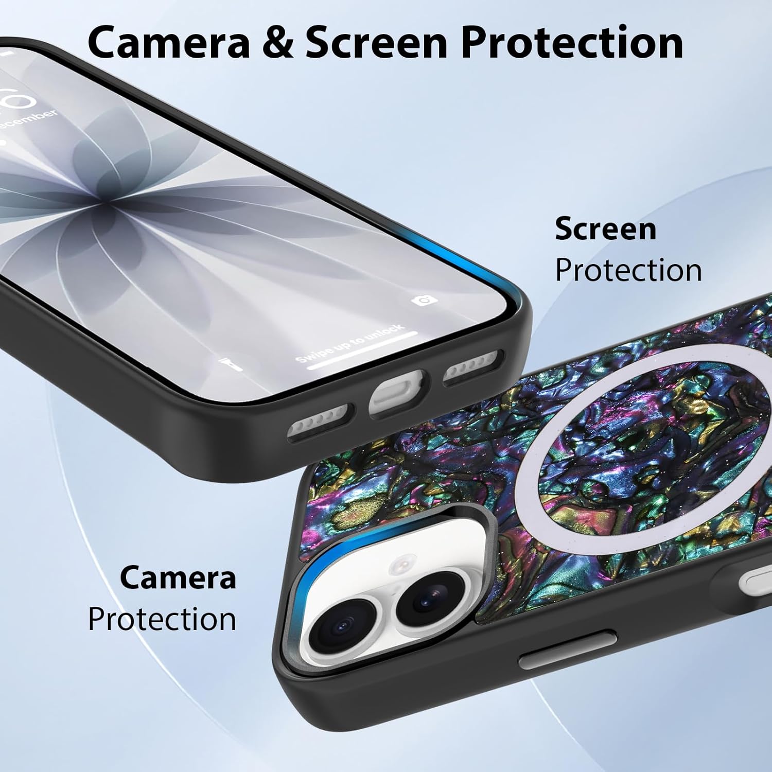 Magnetic for iPhone 17 Case, Luxury Glitter Abalone Shell Mother of Pearl Design for Women Girls, Compatible with Magsafe, Cute Sparkle Shockproof Protective Phone Case, Black