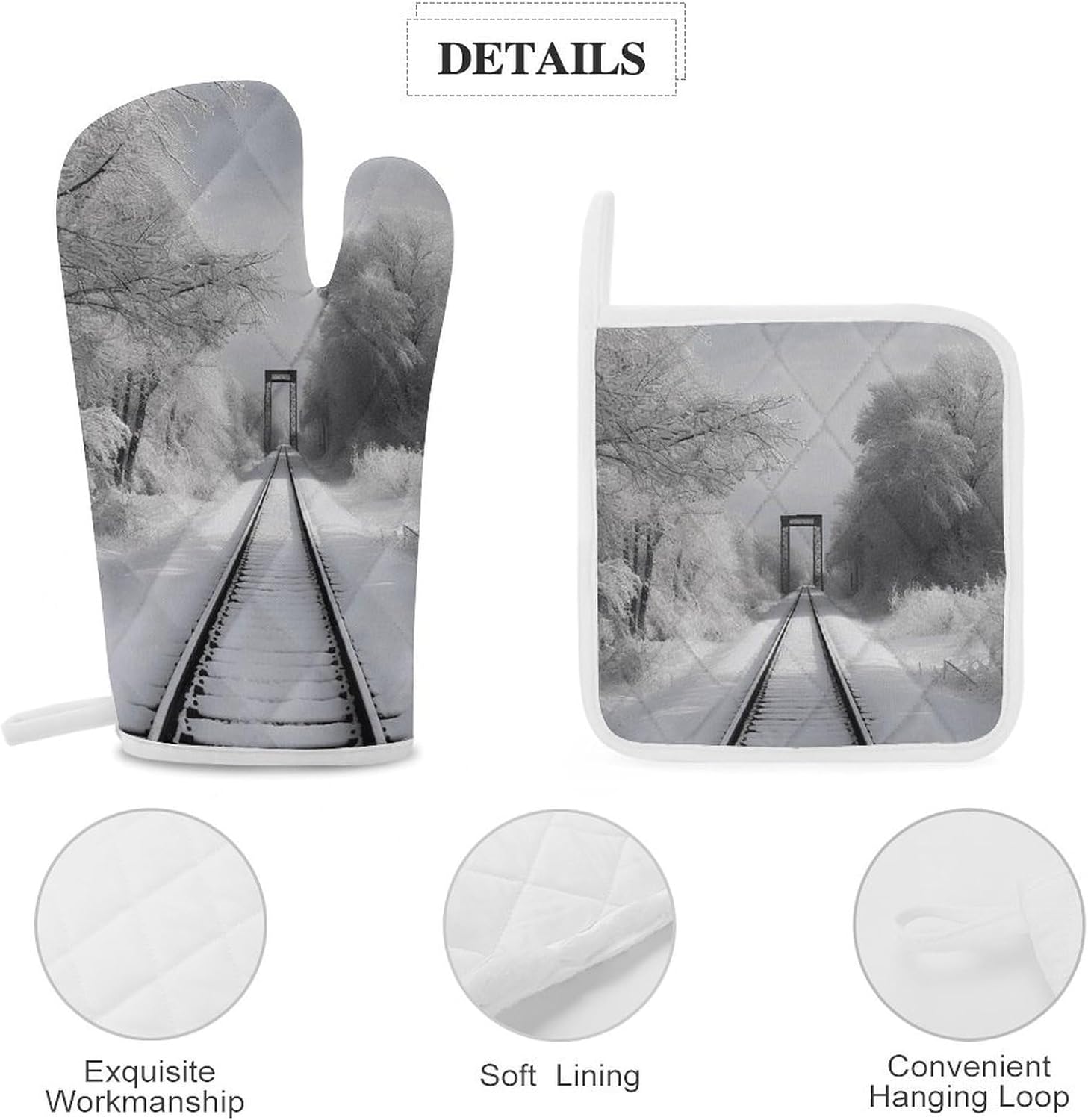 4-Piece Oven Mitts and Pot Holders Set Snowy Train Tracks Printed Heat-Resistant Polyester Kitchen Gloves and Potholders Comfortable & Durable for Cooking Baking and Grilling
