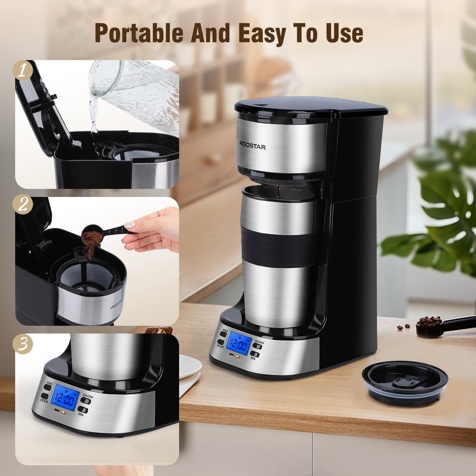 Aigostar - Cafetière Filtre avec 1 tasse isotherme Programmable 24h, Affichage LCD, Machine à café avec Gobelet de voyage de 420 ml et filtre à café réutilisable, 700W, Noir