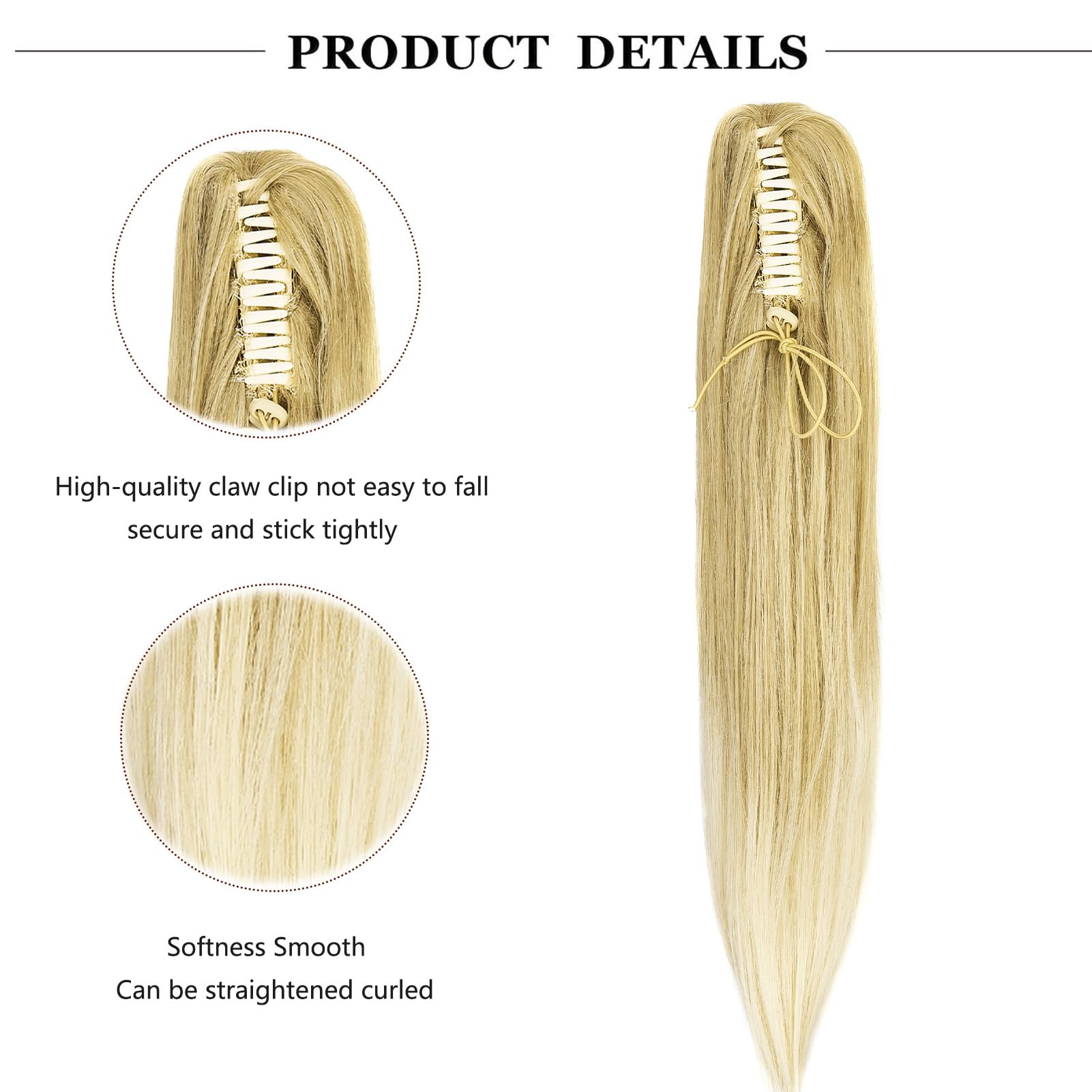 Cybelleza 20inch Ponytail Hair Extensions Straight Ponytail Claw Jaw on Long Straight Pony Tails Clip in Hair Extensions Synthetic Hair pieces for Women Dark Blonde Ombre Bleach Blonde - Image 2