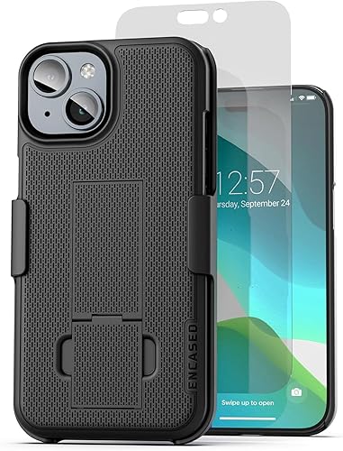 Encased DuraClip - Funda diseñada para iPhone 15 con clip para cinturón y protector de pantalla de vidrio templado (negro mate)