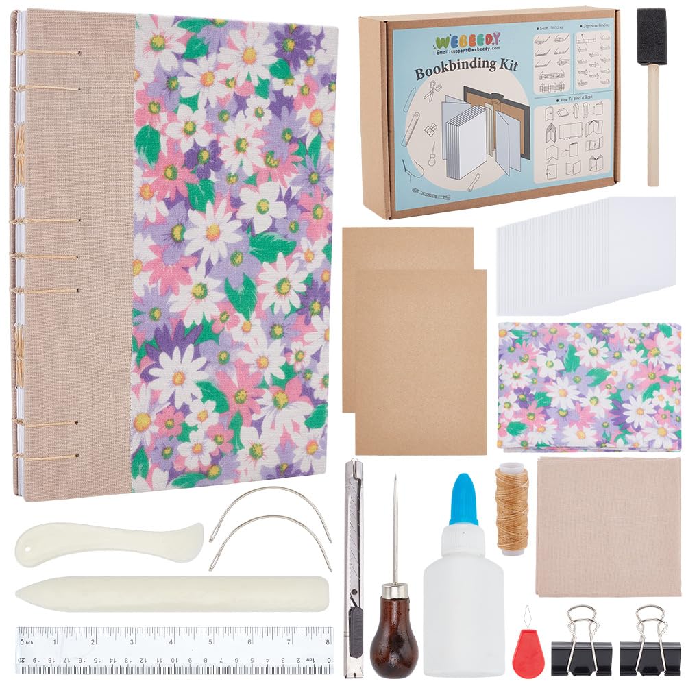 WEBEEDY Kit de Reliure de Journal 58 Pcs de Création de Reliure Fleurie A5 de Création de Livre Complet avec Fil, Aiguilles à Coudre, Papier, Outil de Pliage de Papier pour Adultes, 15X21cm