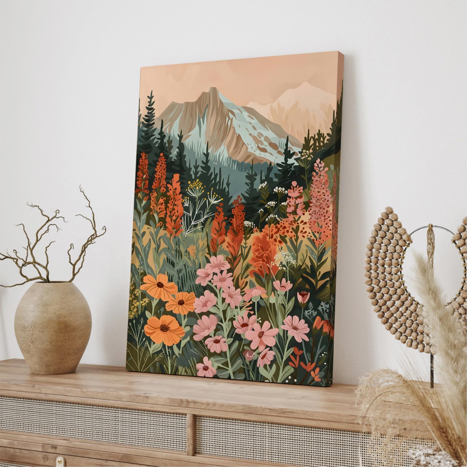 Cyebmo Framed Mountain Wildflower Wall Art Set of 3, Sunset Daisy Flower Wall Decor, Colorful Wildflower Canvas Painting, Nature Botanical Landscape Artwork for Bedroom Living Room 12x16 Inch