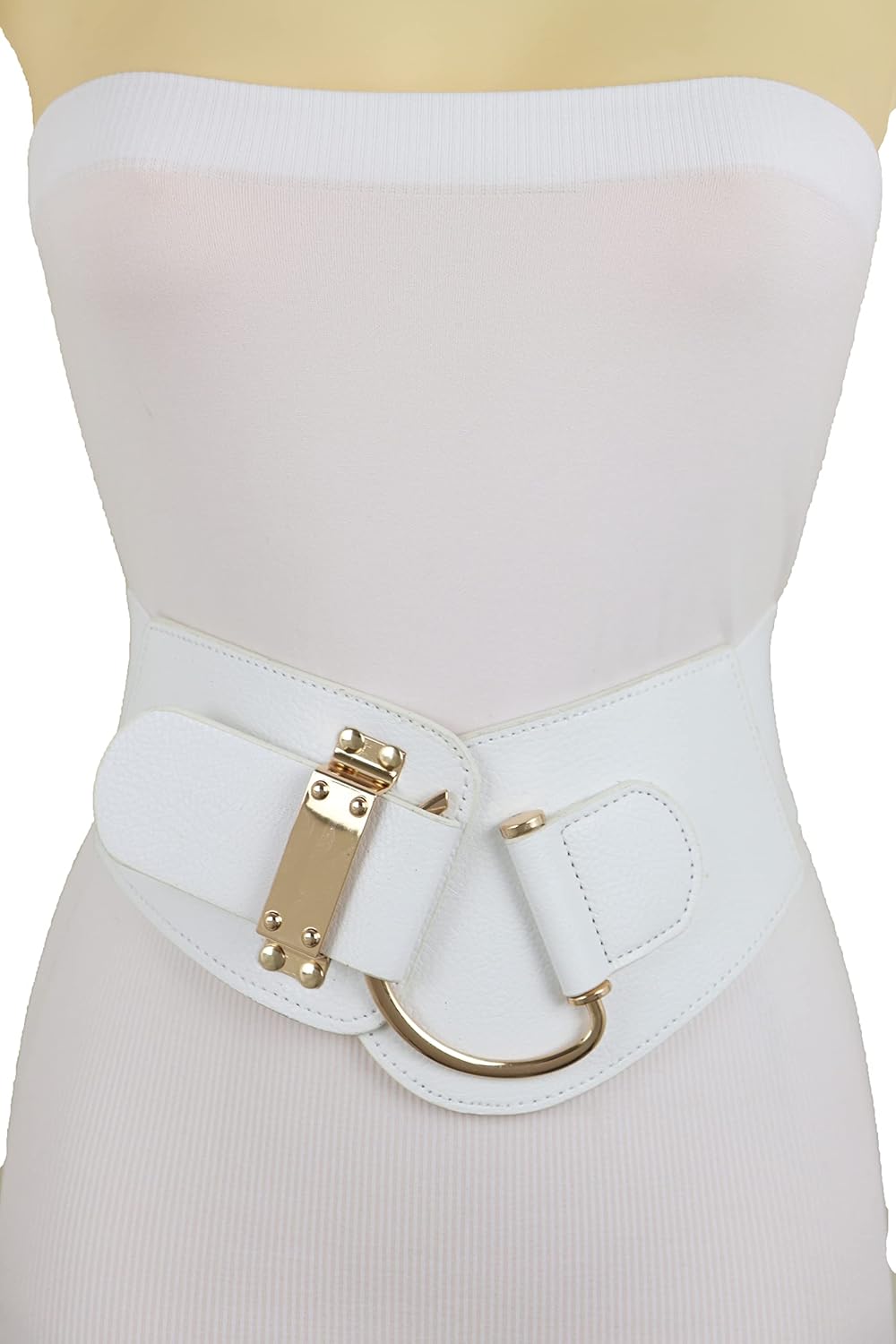 Women Fashion Elastic Belt Waist Hip Gold Hook Buckle Plus L XL White - Image 6
