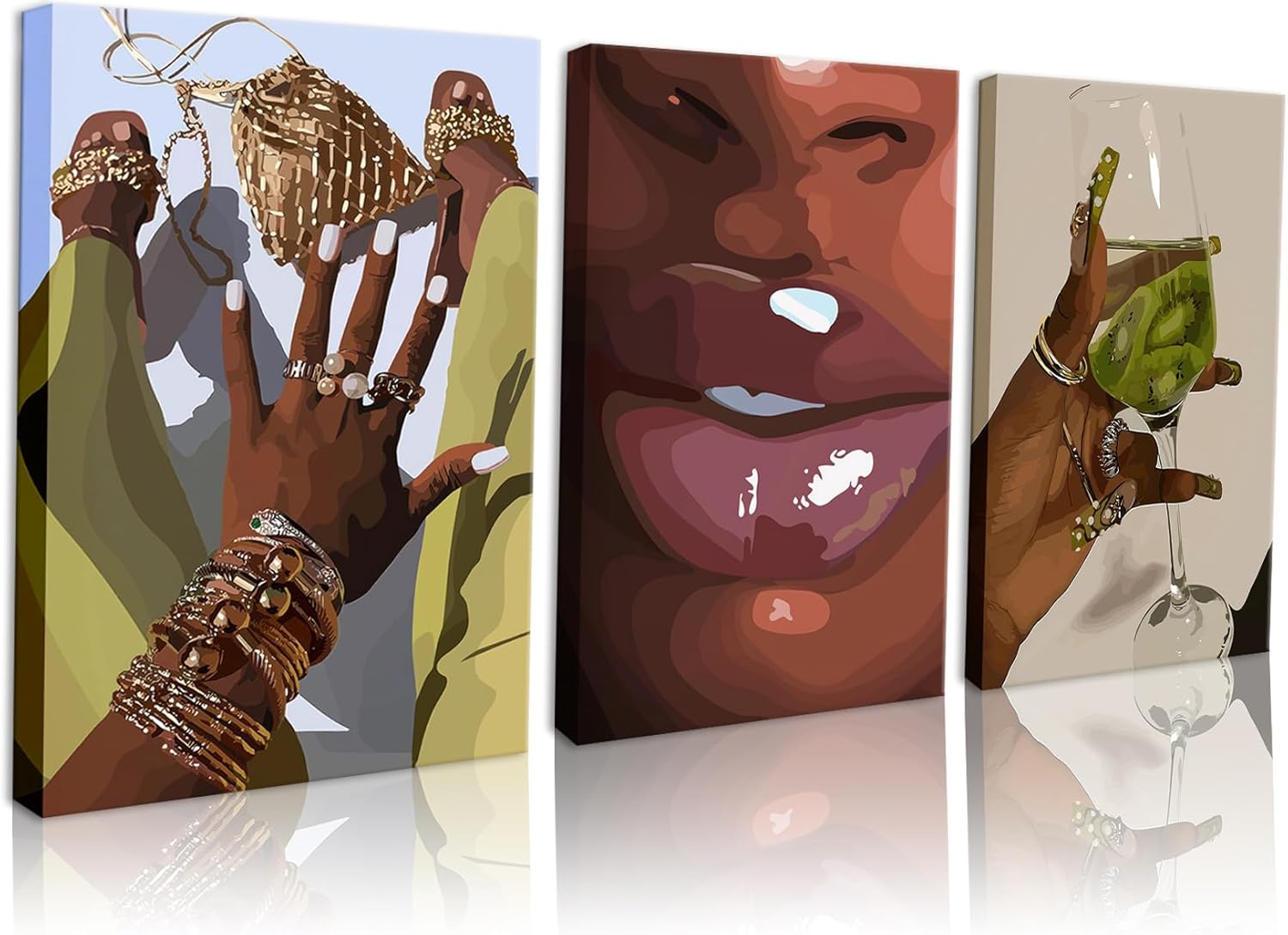 Black Girl Wall Art Framed Set of 3 - African Woman Canvas Home Decor American Woman Wall Decor Black Female Print Pictures Fashion Abstract Poster for Home Bedroom Bathroom 12×16 Inch