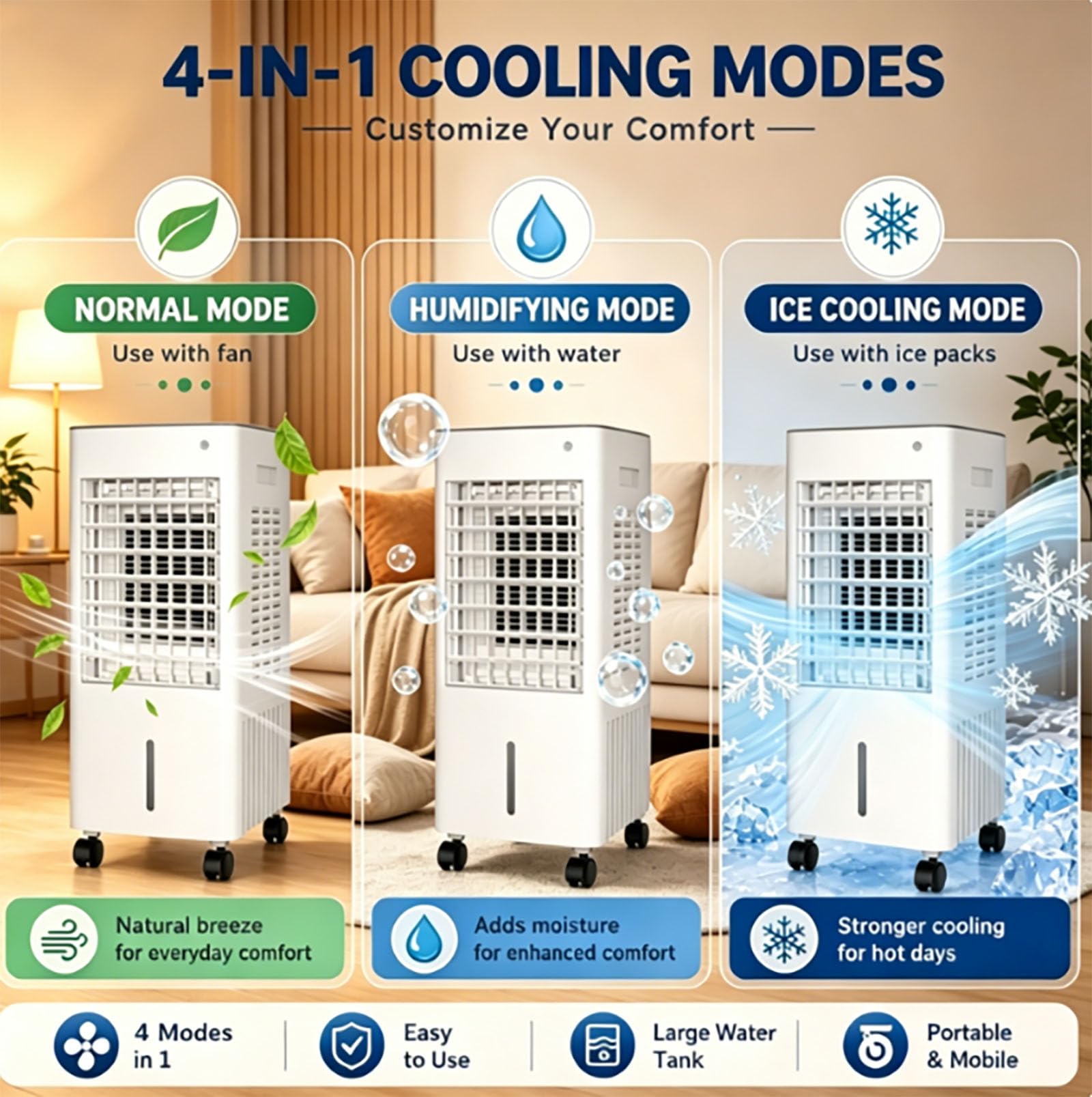 4-in-1 Portable Air Cooler, 12L Evaporative Air Conditioner No Hose, with 4 Ice Packs, 3-Speed Fan, Quiet Operation, 7.5H Timer, Humidifier & Air Purifier, Remote Control for Home & Bedroom