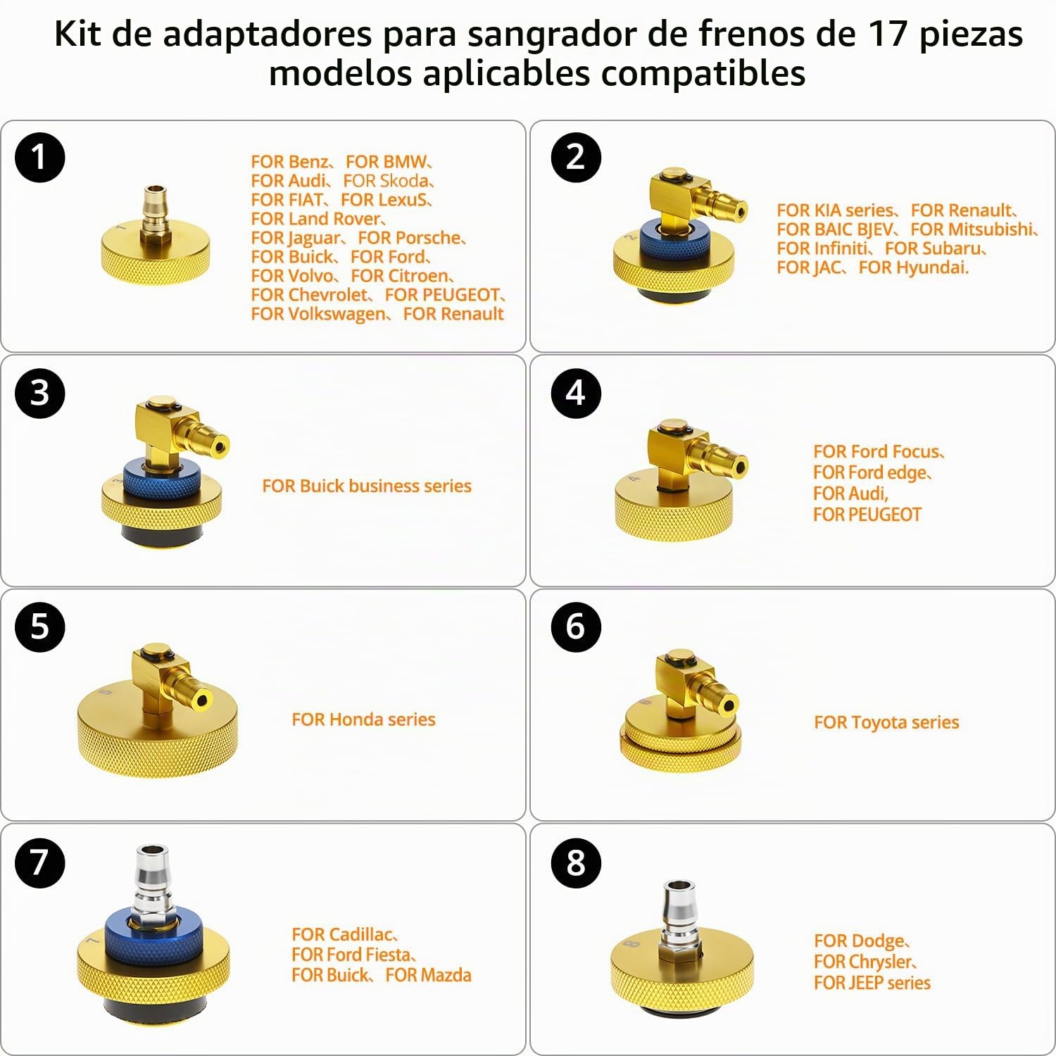 QWORK® Kit Adaptador de Purga de Frenos con acoplador rápido, Kit de 17 Piezas Conector de Cilindro Maestro Chapado en Oro para la Mayoría de los Vehículos