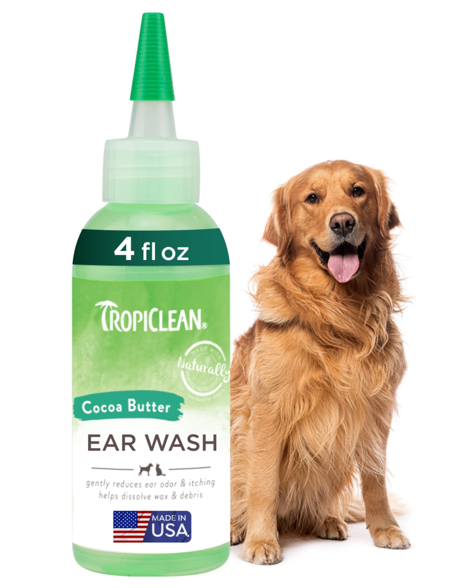 TropiClean Dog Ear Wash, Vet Recommended Ear Cleaning Solution for Itch Relief, Odor Eliminating, Non Stinging Alcohol-Free, Cat Safe, USA Made, 4oz