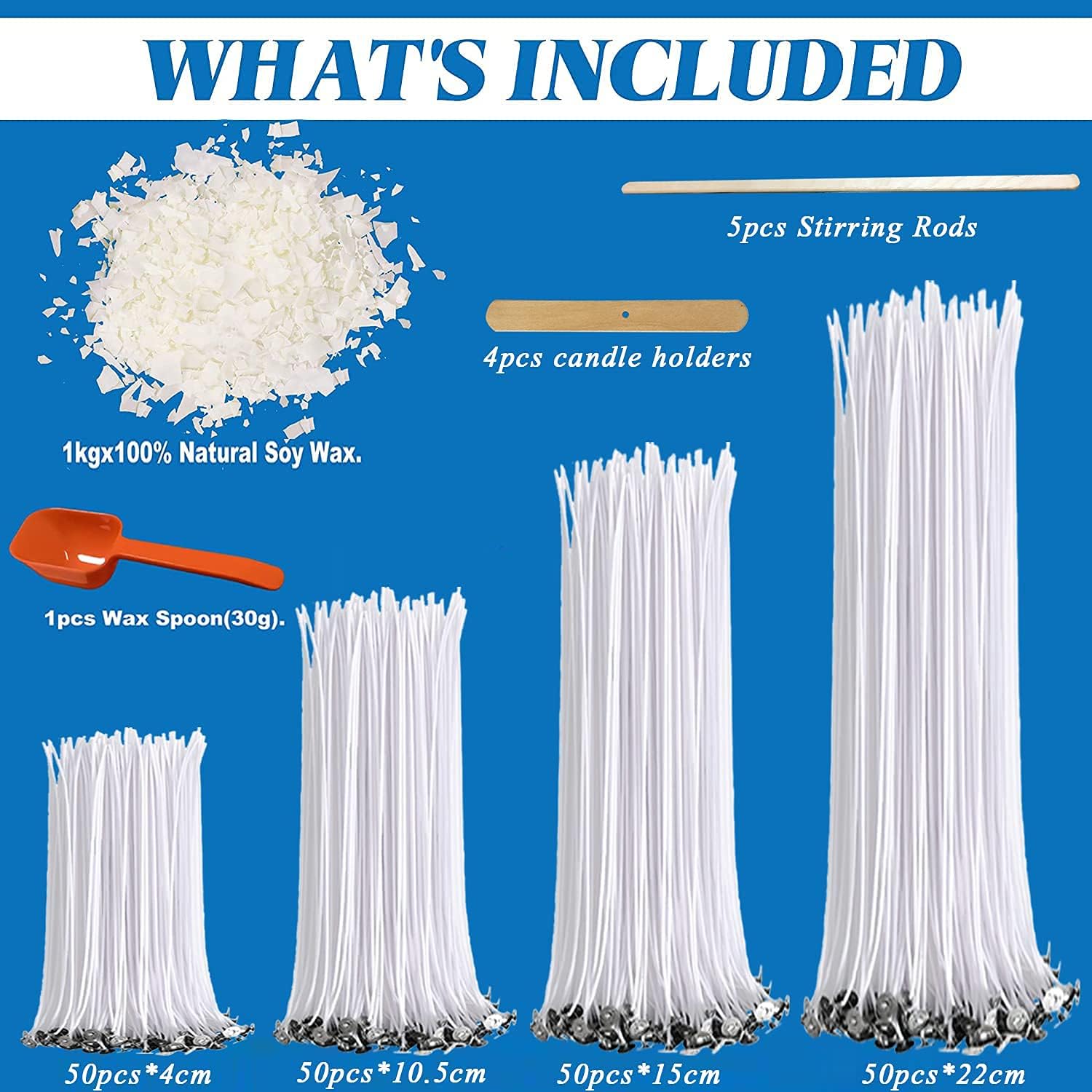 JEMESI Candle Making Kit, 200 x Candle Wicks 4 cm, 10.5 cm, 15 cm and 22 cm, 1 kg Soy Wax, Wick Holders - Image 4