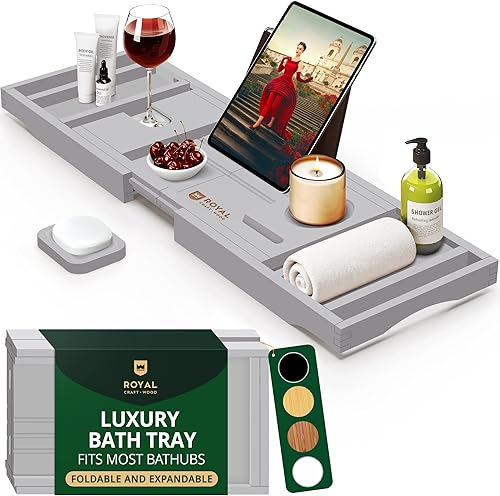 Miniatura 63 de Royal Craft - Bandeja de bambú para bañera con soporte para libro y vino Bambú Negro,Negro (plegable),Bambú carbonizado (marrón),Gris