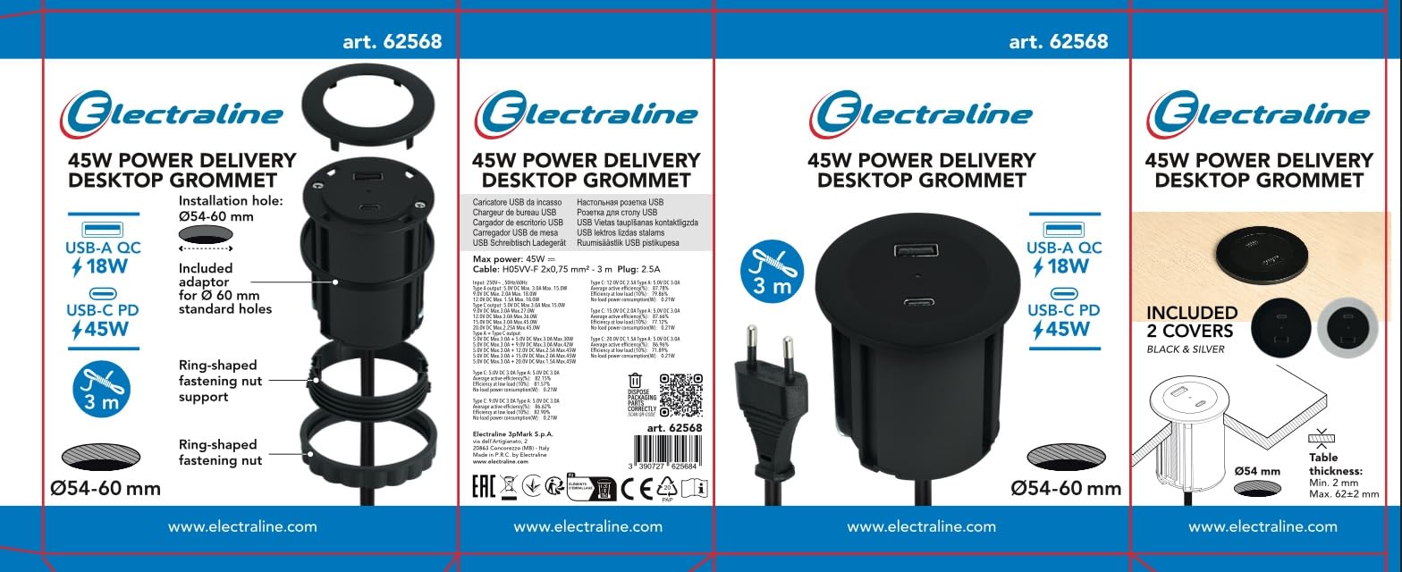 Electraline Tischplatte Grommet Einbausteckdose/Tischsteckdosenleiste/Tischsteckdose mit C Power Delivery zum Laden von Computern + 1 typ A 3.0A Q.C. 3M Kabel, D54-60mm, Schwartz, 2 USB (A+C) P.D. 45W