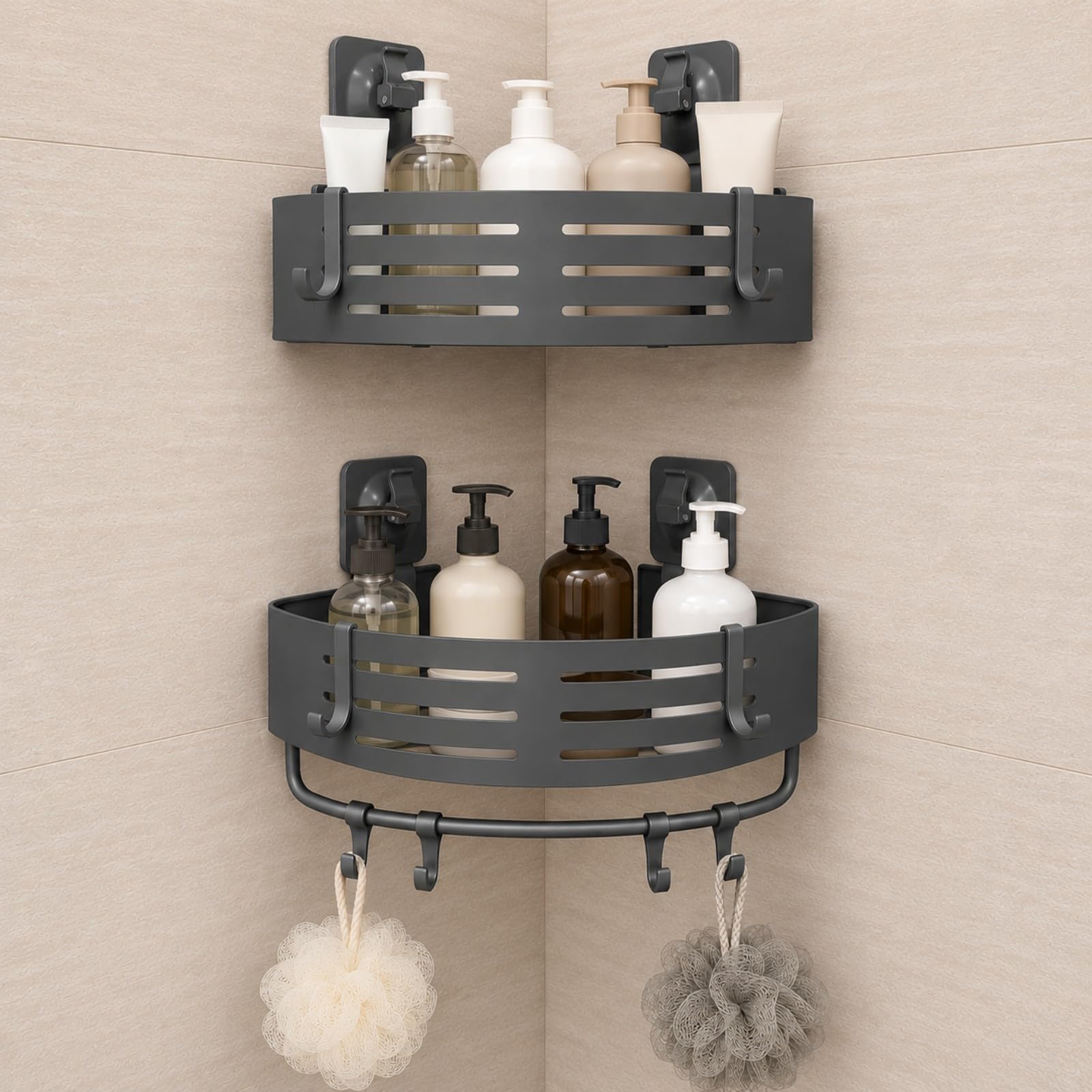 Hsmihair Upgraded Corner Shower Caddy Suction Cup, 2-Pack Bathroom Corner Shelves No Drilling, Aluminum Shower Organiser Rack with 8 Hooks, Towel Bar, Rustproof Wall Mounted Shower Storage - Grey