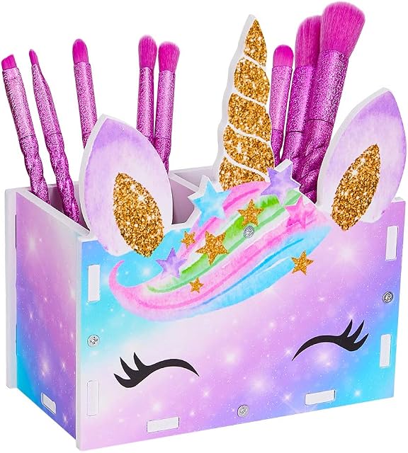 Basumee Pencil Holder for Desk Kids Unicorn Pen Holder Makeup Brush Pot Desk Tidy Home Office Use Desk Organizer 2 Slots,Rainbow Unicorn