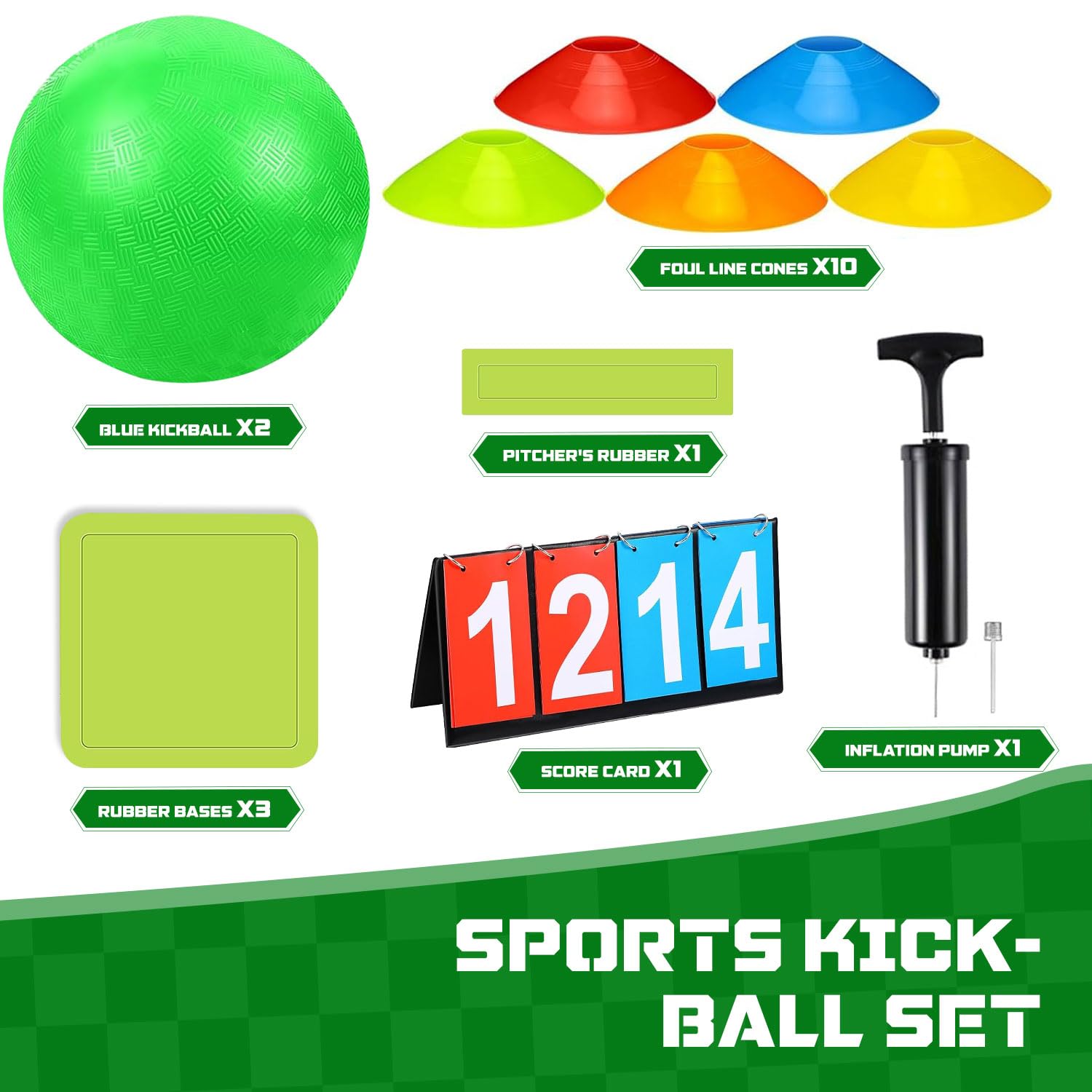 Huaerle Il set da 18 pezzi include 2 palline per parco giochi con pompa ad aria, 4 basi in gomma, 10 coni Foul Line e un tabellone segnapunti per ragazzi ragazze adulti parco giochi scuola cortile