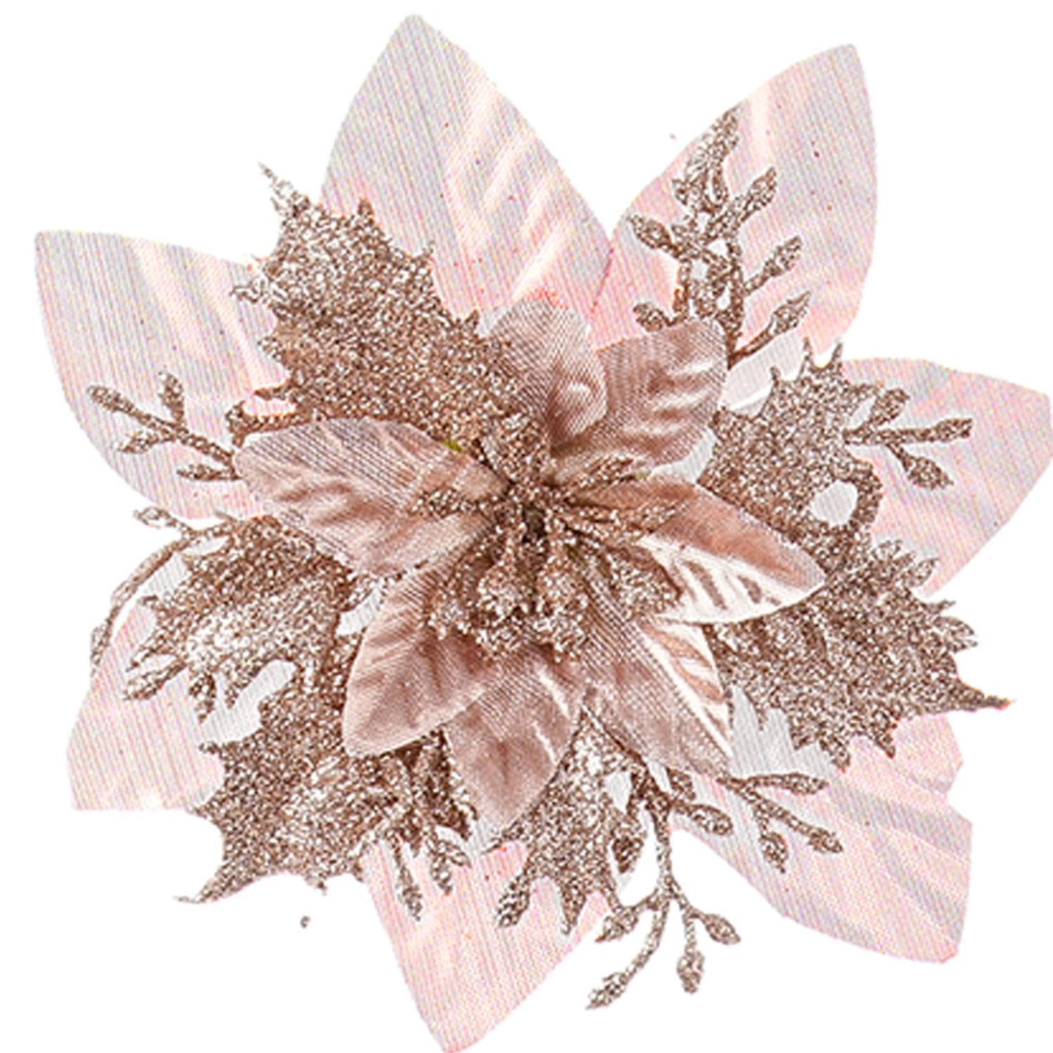 Xmastell Rosegold 15Pcs Poinsettia Artificial Flowers Decorations, Glitter Christmas Flowers Ornaments, Christmas Tree Decorations Flowers, With Clips For Xmas/Wreath/Garland Decor, 14Cm