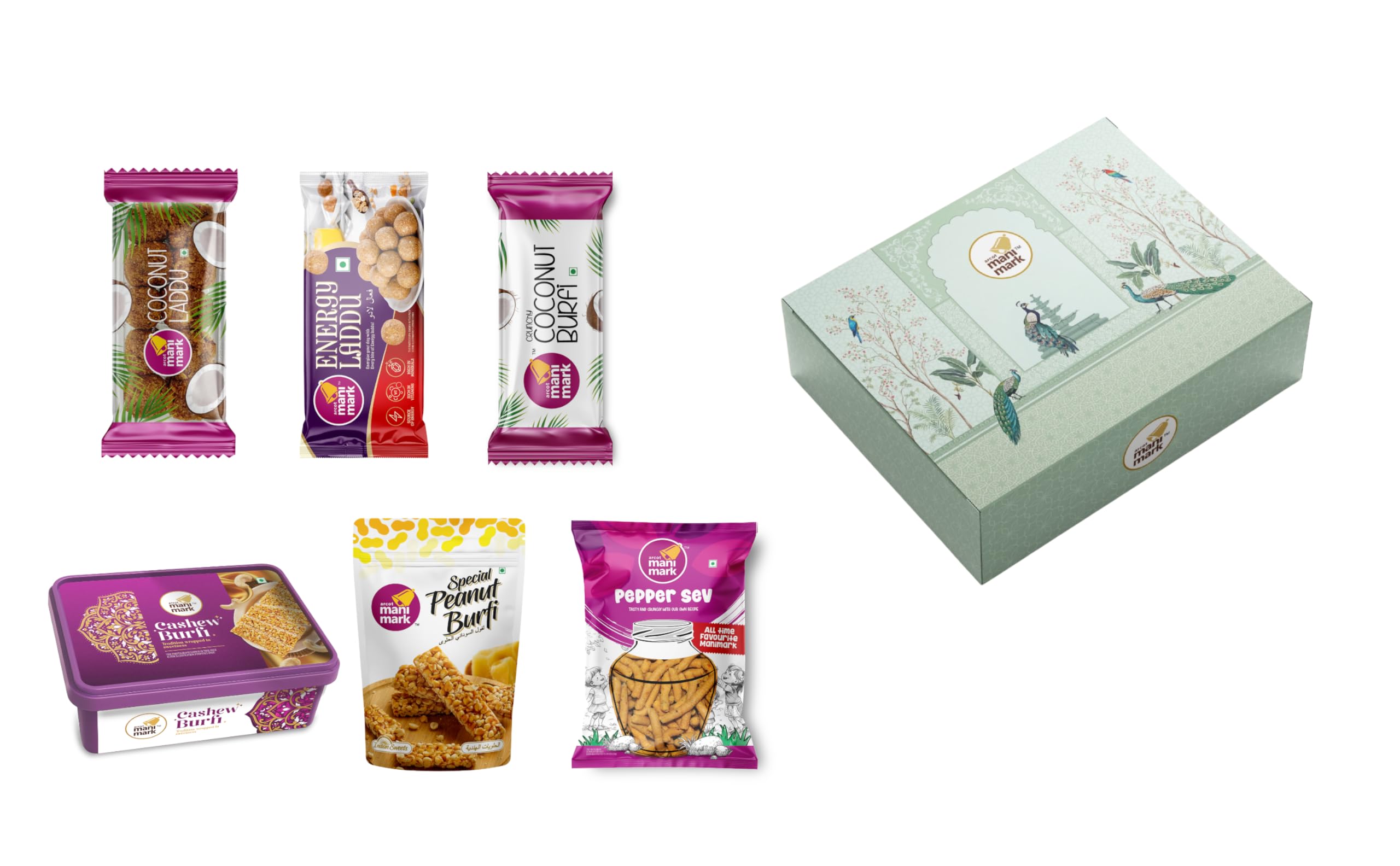 Arcot Manimark Assorted Sweet & Snack Gift Box 880g | Coconut Laddu, Energy Laddu, Coconut, Cashew, Peanut Burfi & Pepper Sev Combo-image-23