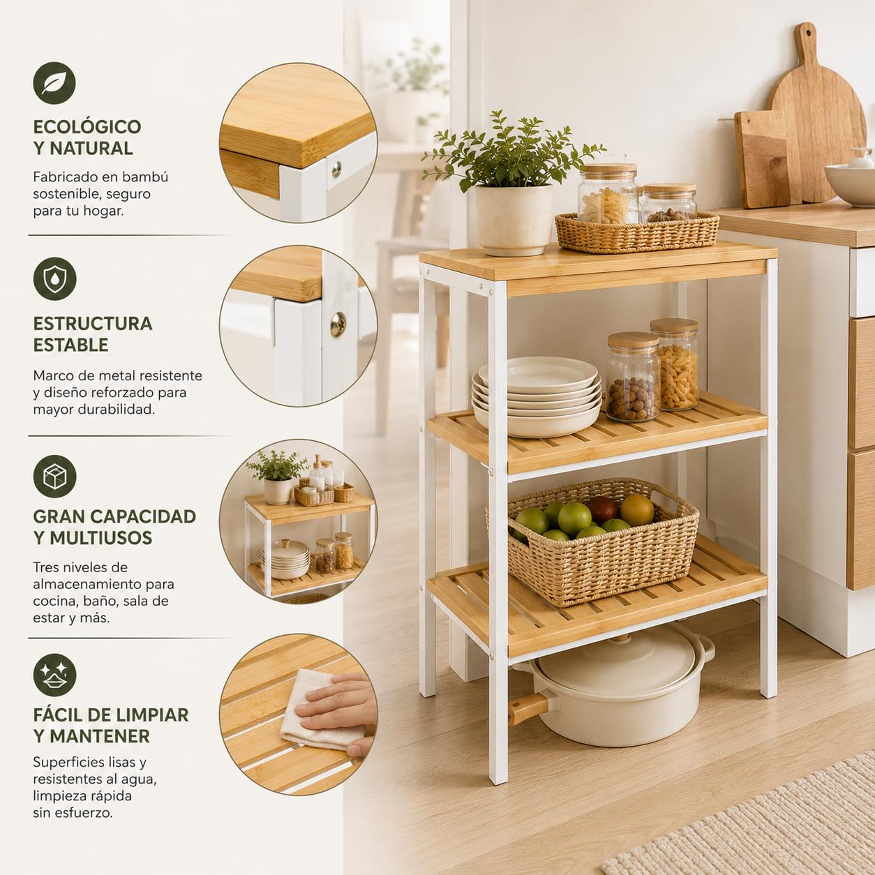Estantería de Bambú con Marco de Metal de 3 Niveles 40x60x30cm Desmontable - Estantería Organizador para Baño, Salón, Dormitorio de 3 Estantes