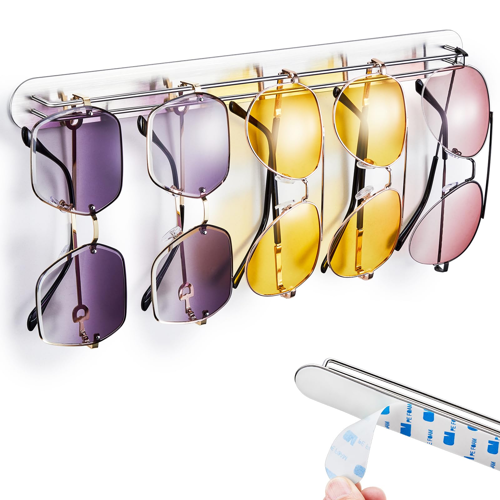 Supporto per occhiali da parete, supporto per occhiali da sole, supporto per occhiali da sole, supporto autoadesivo per occhiali, scaffale per occhiali da sole, organizer (Argento, 2 PCS)