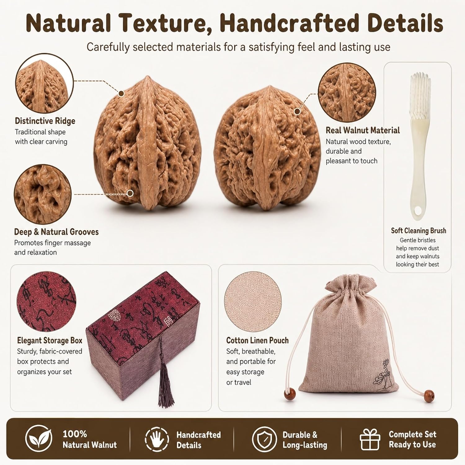 2 Pcs Wenwan Walnuts, Natural Chinese Walnuts Set for Hand Massage，Grip Trainer Gift for Family、Elders & Collectors，Stress & Anxiety Relief
