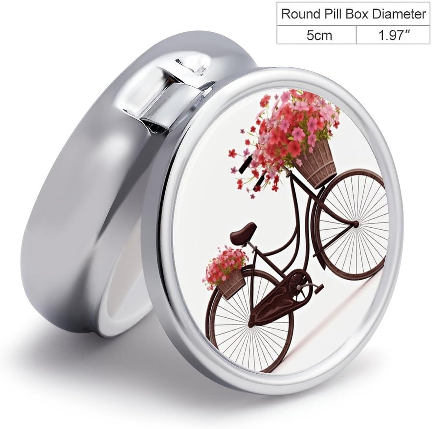 Red Bicycle with Flowers Round Pill Box, Waterproof Medicine Organizer Box image 2