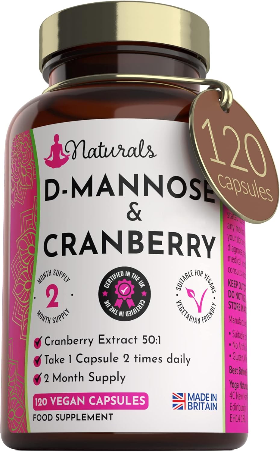 120 D-Mannose and Cranberry Capsules – (2 Months Supply) 1000mg Extract Per Serving – UK Made Vegan Supplement (Not Tablets) – High Strength Natural UTI Support for Women & Men
