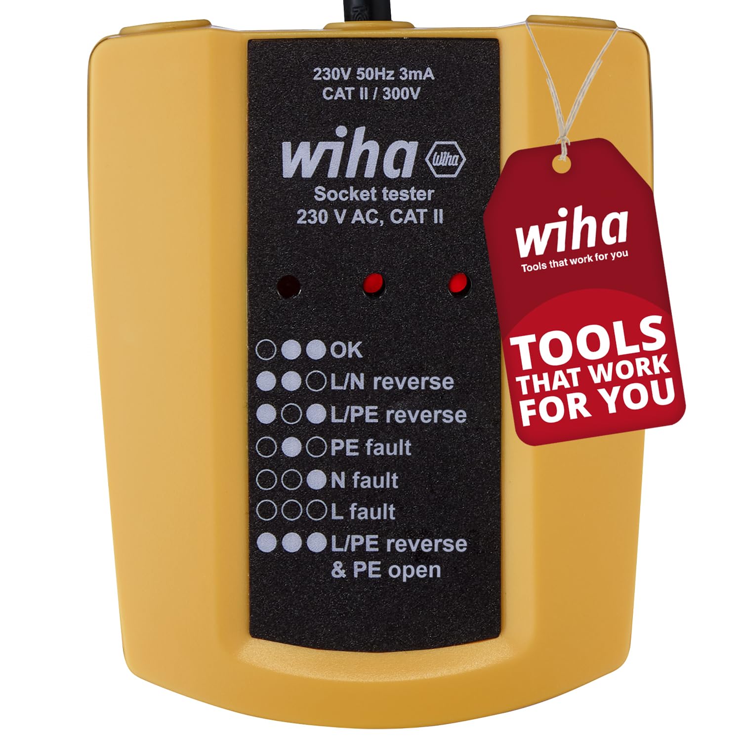 Wiha Steckdosentester 230 V AC, CAT II inkl. 2x AAA-Batterien I mit flexiblem Kabel I LED-Anzeige (45220)