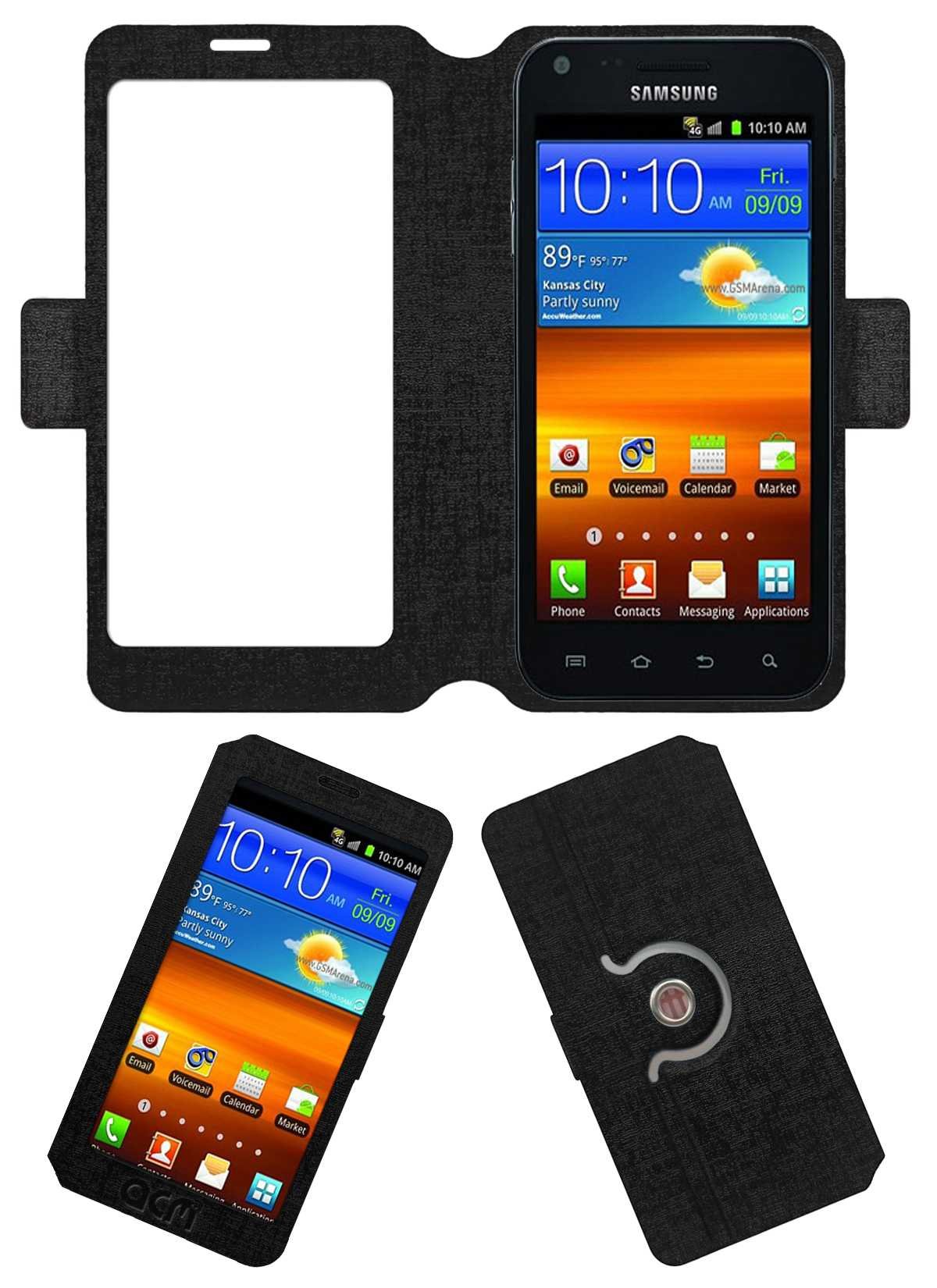 ACM SVIEW Window Designer Rotating Flip Flap Case Compatible with Samsung Galaxy S2 Epic 4g Touch Mobile Smart View Cover Stand Black