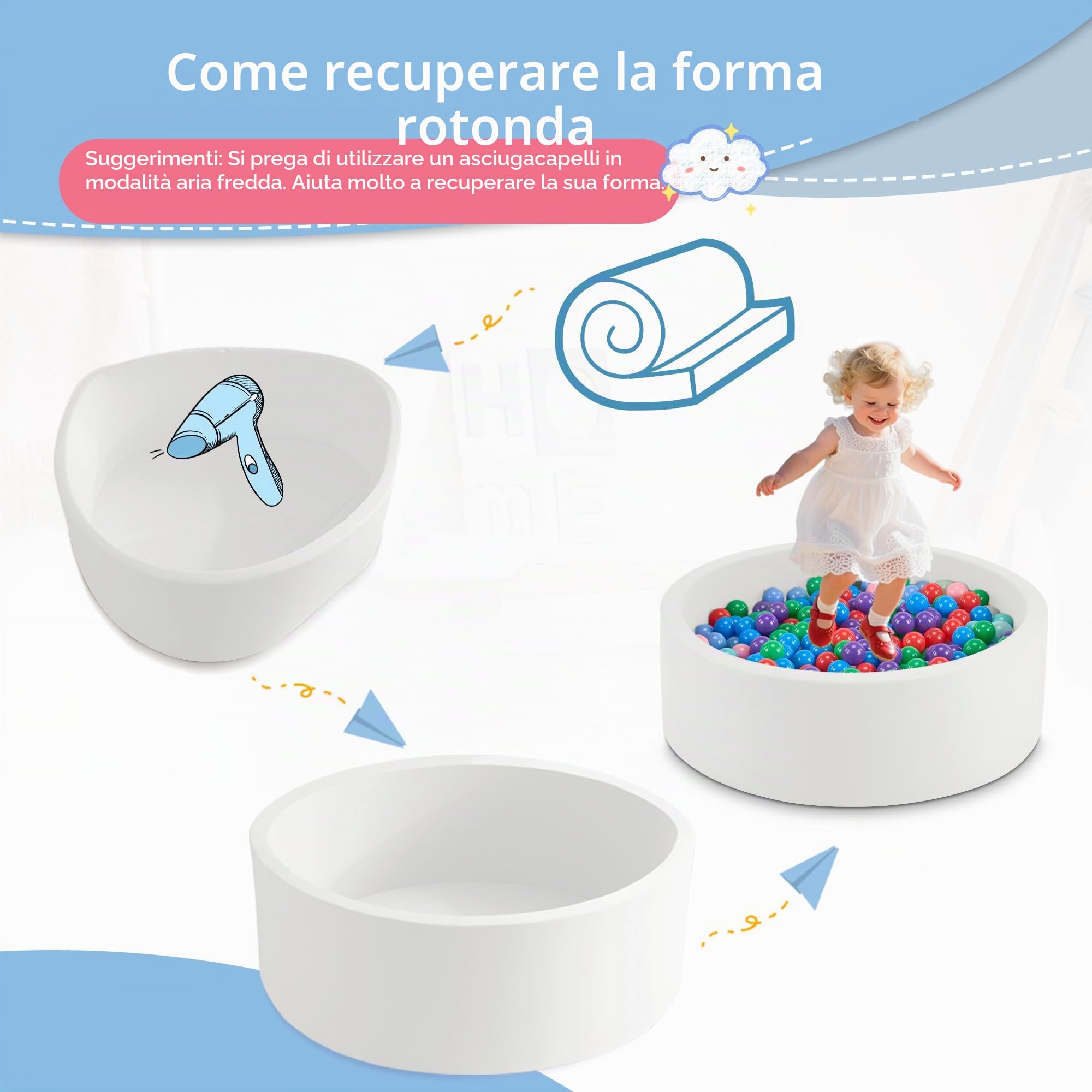 Piscina per palline in schiuma 89,9 x 30 cm, per bambini dai 1 ai 3 anni per ragazzi e ragazze, palline non incluse, bianco
