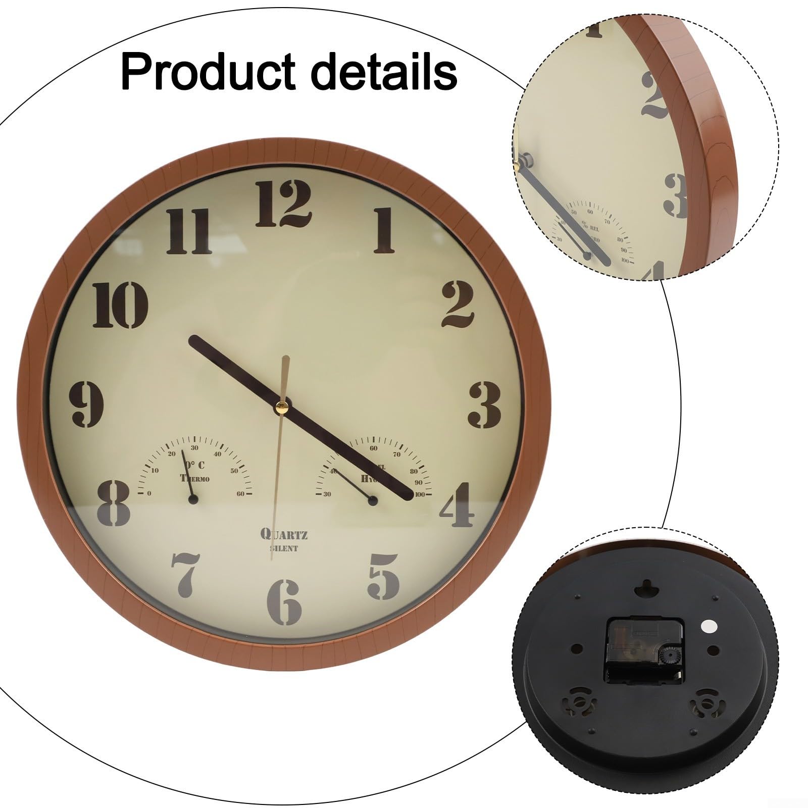 Reloj resistente a la intemperie para patio con termómetro analógico e higrómetro, movimiento de cuarzo silencioso, apto para uso en interiores en cocina o Lanai (marrón oscuro)