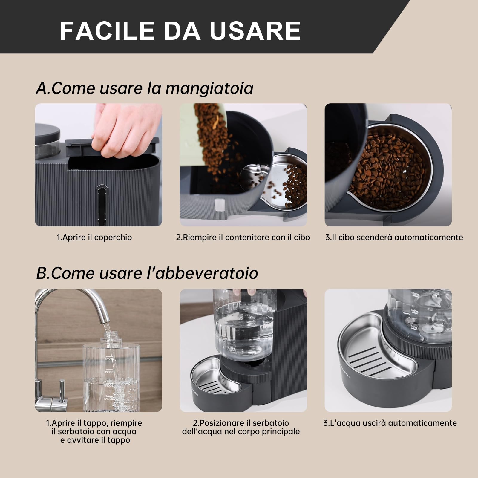 Gardner Pet Distributore 2 in 1 Cibo e Acqua Gatti 3L*2, Grigio Scuro Non Elettrico, Ciotola Estraibile a Cassetto in Acciaio Inox 304, Dispenser Crocchette a Gravità, Senza BPA | Non Elettrico, Ciotola Estraibile a Cassetto in Acciaio Inox 304, Dispenser