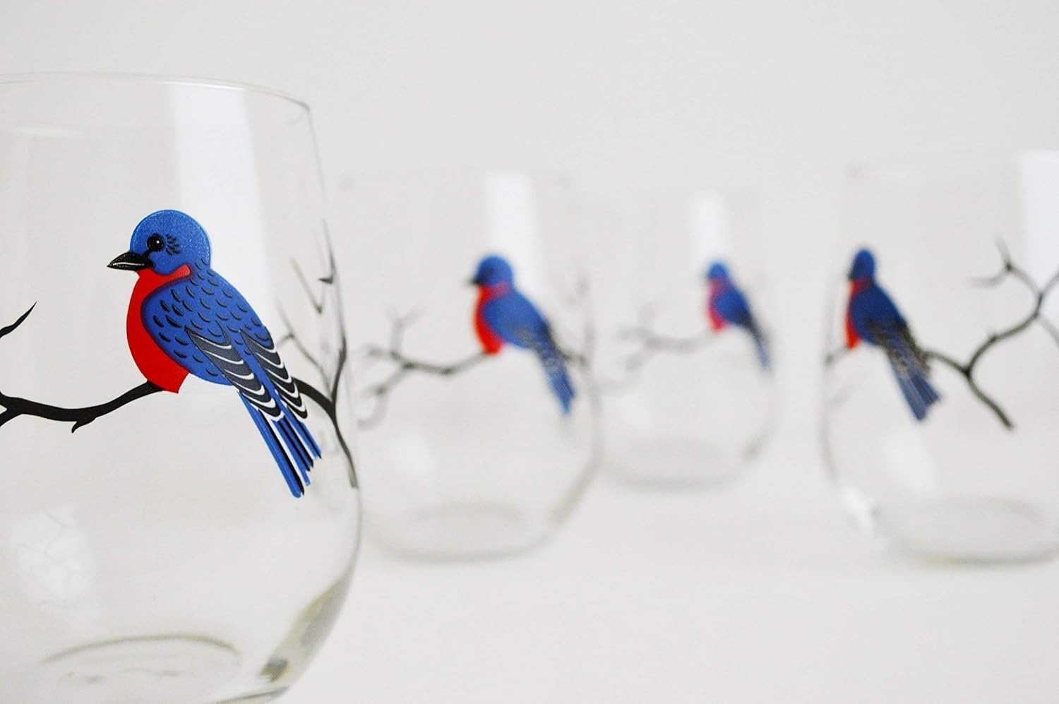 Bird Glassware Set of 4 Stemless Wine Glasses, Cardinal, Bluebird, Yellow Finch, Hummingbird Glass Collection