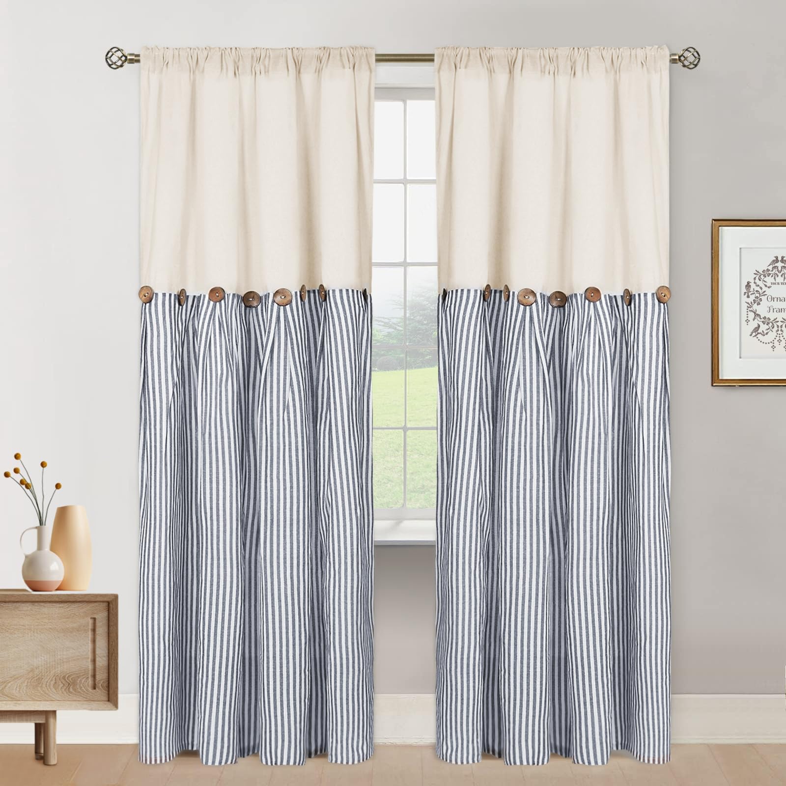 ASPMIZ Baumwoll-Leinen-Vorhänge im Landhausstil, rustikale Knopfvorhänge, Leinen-Fenstervorhang, Blaue Streifen, Landhausvorhang für Wohnzimmer, Moderne Verdunkelungsvorhänge, 132 x 213 cm, 2 Paneele
