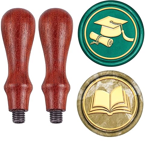 CRASPIRE Juego de 2 sellos de cera de graduación para libros, 0.984 in, cabezales de sellado de latón extraíbles con 2 asas de madera, retro, para
