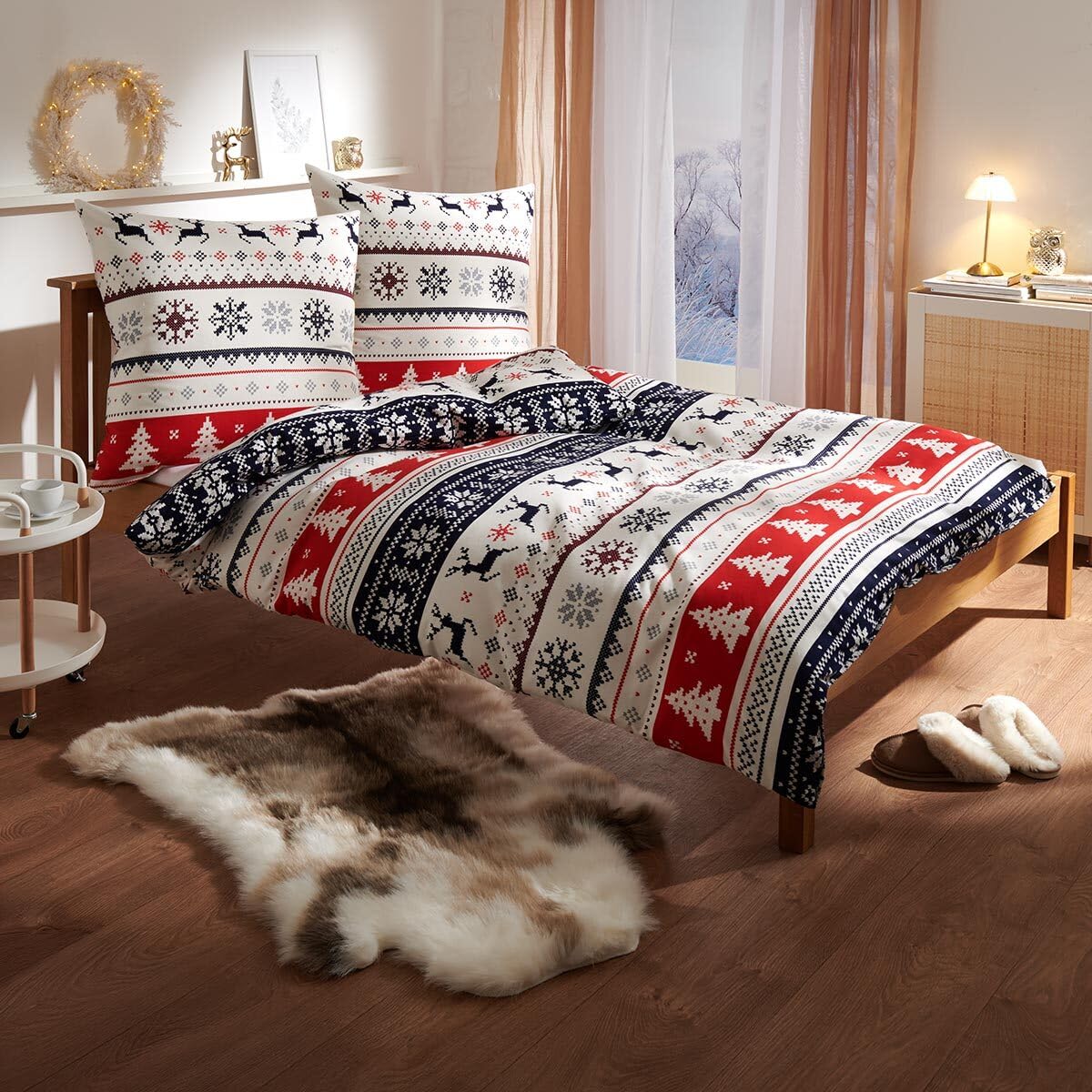Traumschlaf – Feinflanell Bettwäsche Set – Flanell Bettbezüge aus 100% Baumwolle mit Reißverschluss – Winter Bettgarnitur mit Hirsch-Motiv 135x200 cm + 80x80 cm