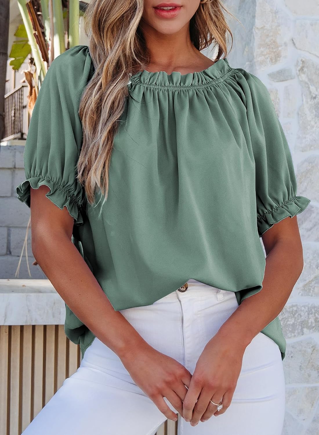 EVALESS Womens Tops Off The Shoulder Blouses for Women Dressy Casual Cute Puff Sleeve T Shirts Fashion 2026