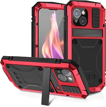 for iPhone 15 Plus Metal Silicone Case,Built-in Screen Protection,Kickstand,Full Body Military Grade Shockproof Protection Red