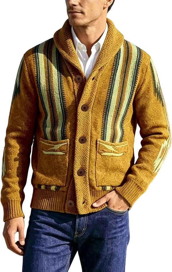 Suéter de punto casual de cuello V con botones y rayas para hombre
