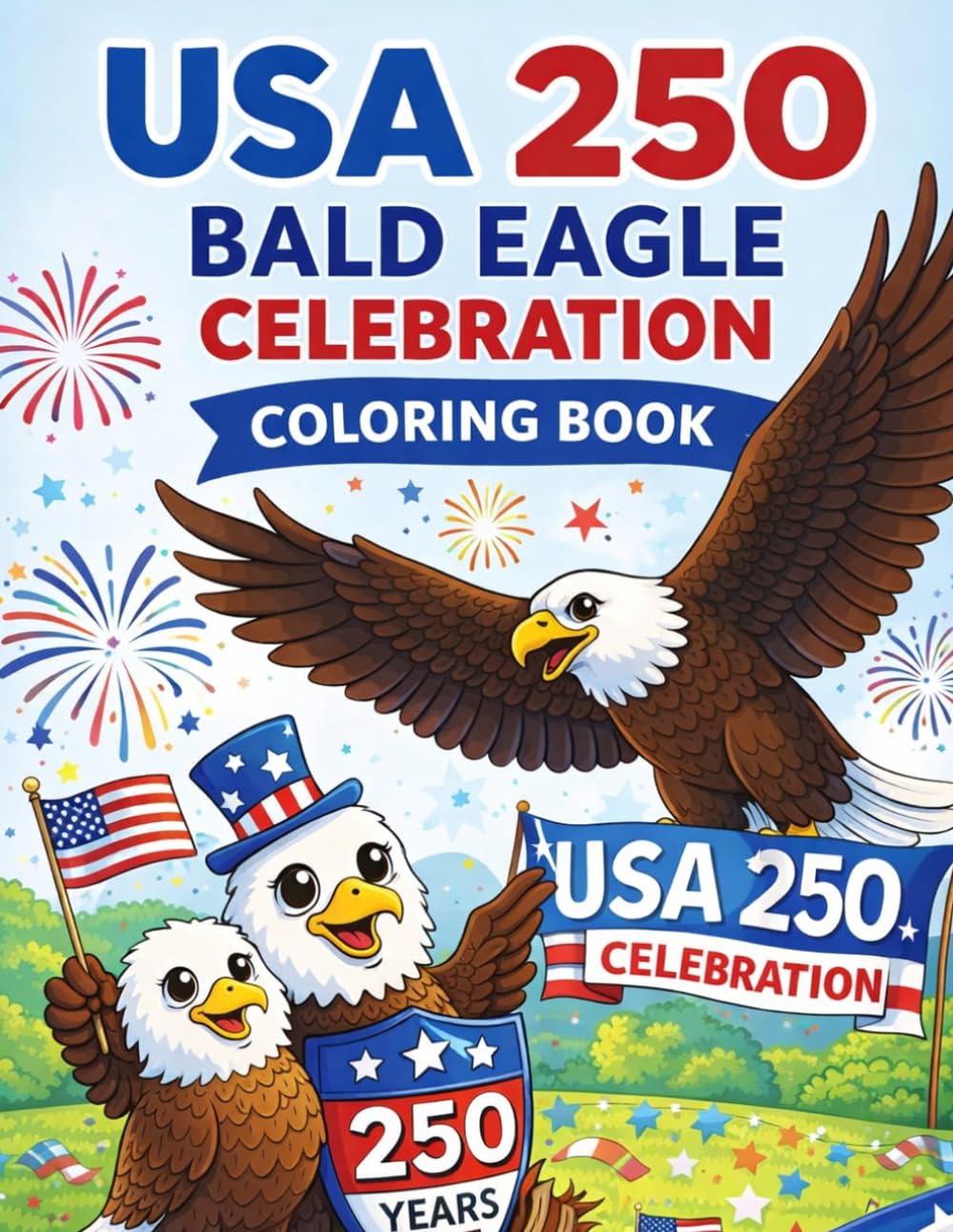 USA 250 Bald Eagle Celebration Coloring Book: 50 Patriotic Bald Eagle Designs for Kids Celebrating America’s 250th Anniversary (USA 250 Patriotic Coloring Book Collection)