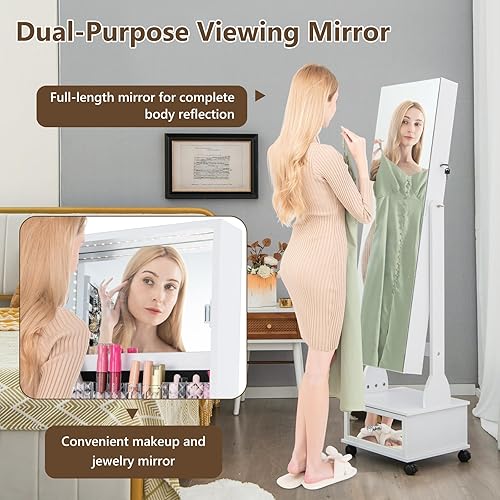 Vista 8 de GOFLAME Armario de joyería de pie con ruedas, organizador de almacenamiento de joyas con cerradura con espejo de longitud completa, luces LED de 3