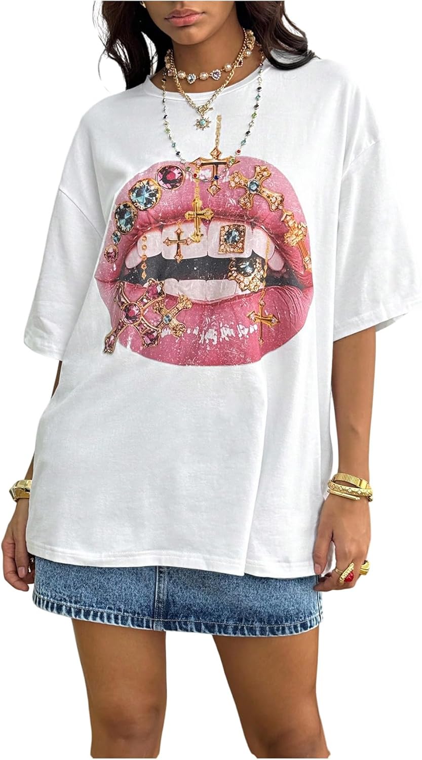 SweatyRocks Women's Y2K Lip Graphic Tees Crew Neck Half Sleeve Oversized T Shirts Streetwear Tops