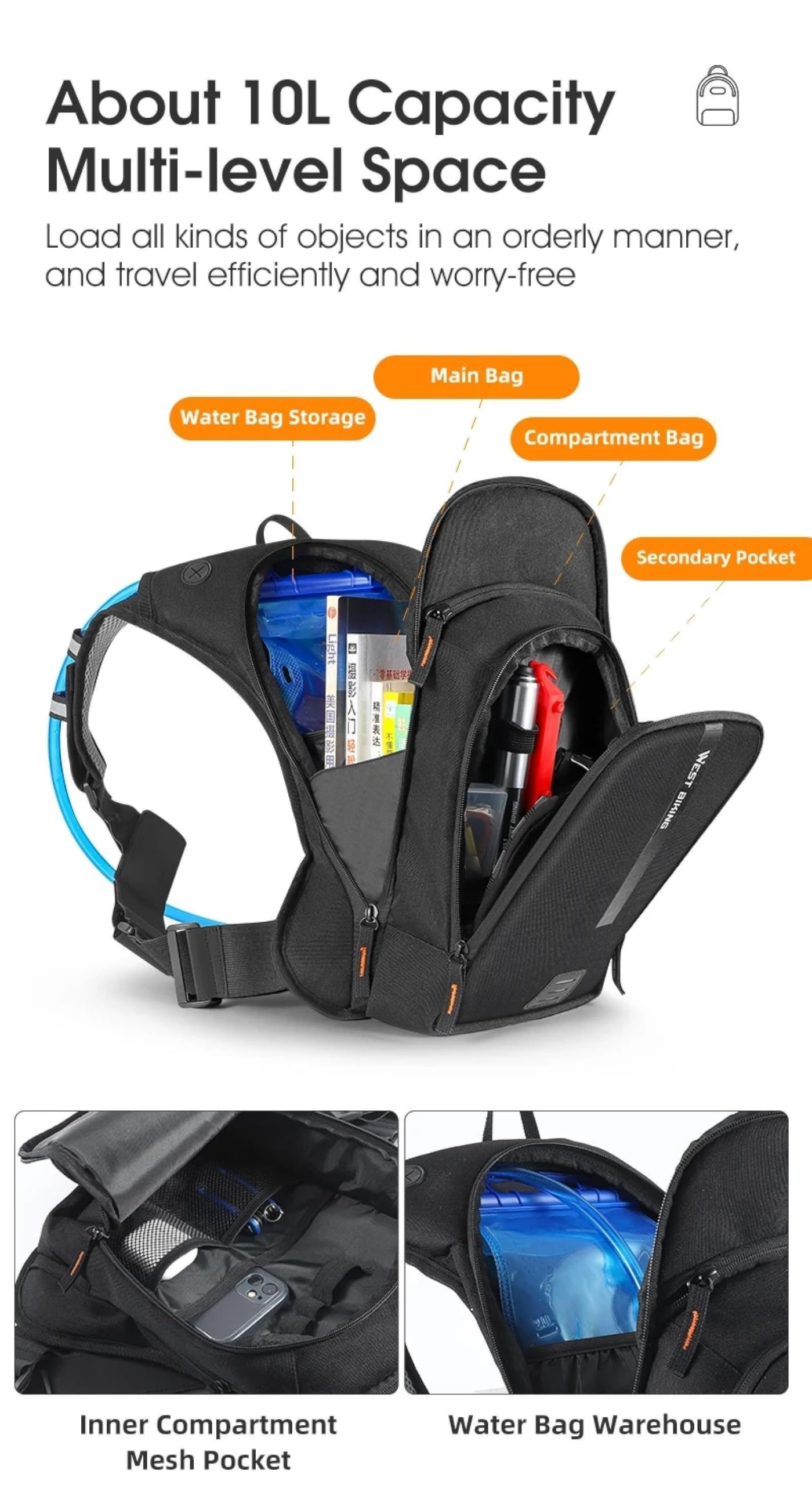 Sac à dos de vélo ultraléger 10 L Sac à dos d'hydratation de sport ergonomique Sac à eau de cyclisme Sac d'escalade en plein air