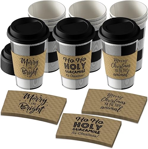 Live It Up Party Supplies Tazas y tapas desechables de café o chocolate caliente en diseño de cuadros navideños 12 unidades con fundas de papel