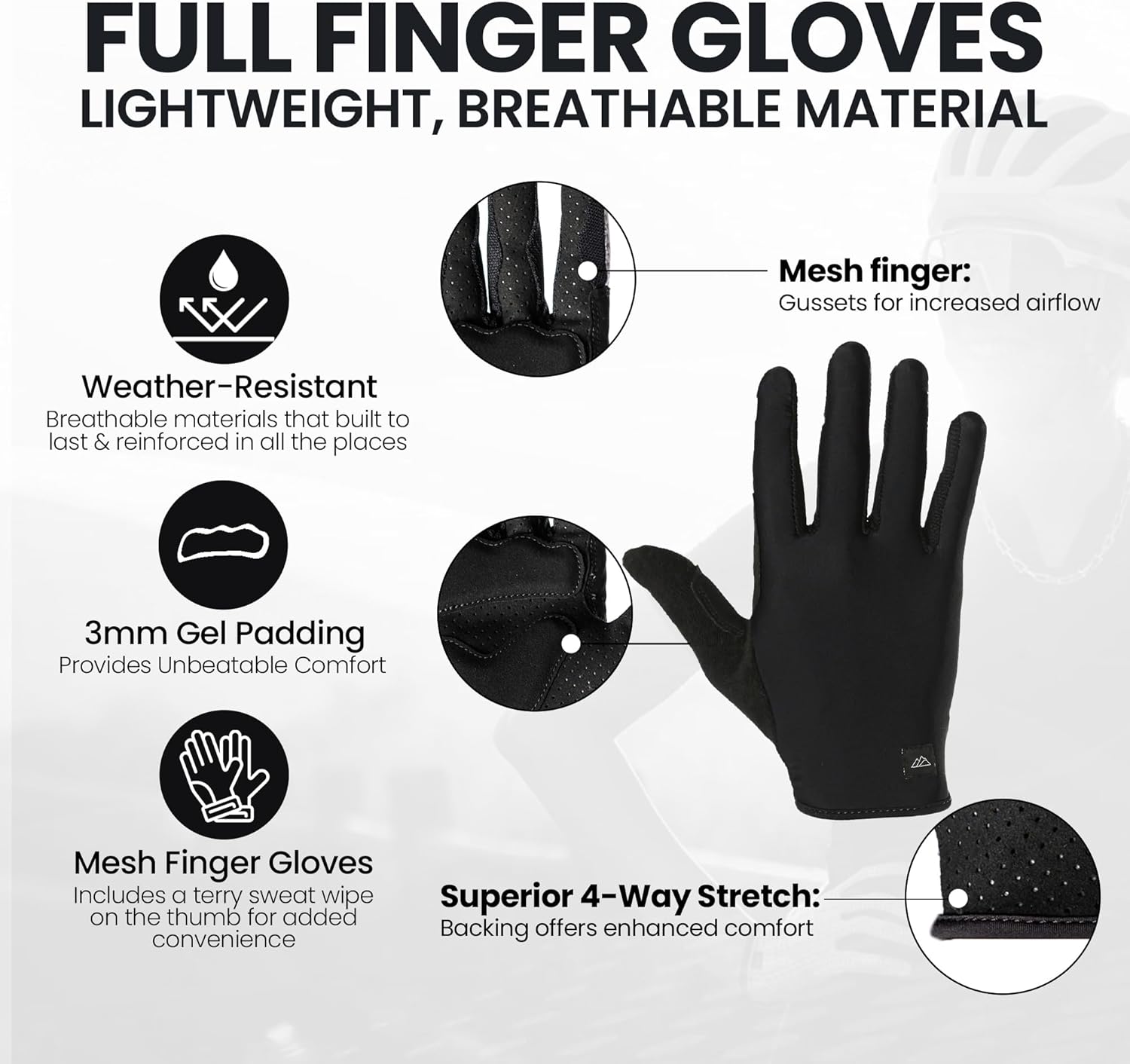 ALMSTHRE Padded Full Finger Cycling Glove | Lightweight & Breathable 4-Way Stretch | Reinforced Palm with 3mm Gel Padding | Designed for Road, Gravel & MTB Adventures