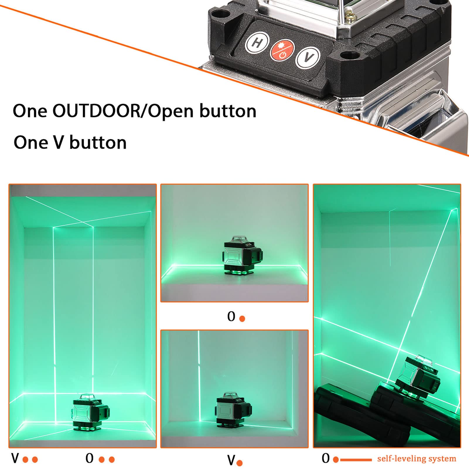 Niveau laser en 4 x 360° 4D 16 Lignes Auo-équilibrage du Niau Laser Vert Rotatif Outil de Niveau Vertical Horizontal avec d'auto-Nivellement IP54 Batteries Rechargeables