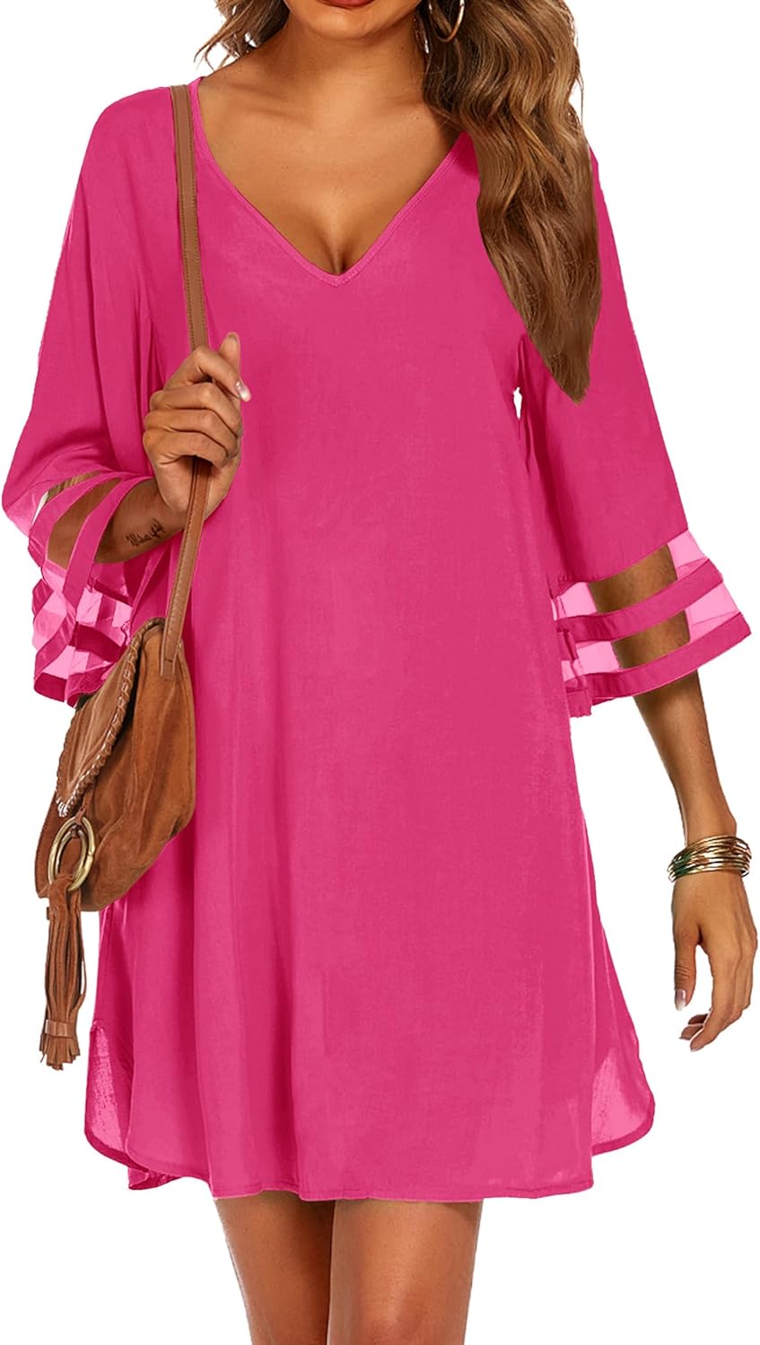 Ekouaer Women's Swimsuit Cover Up 3/4 Bell Sleeve Beachwear Coverups Deep V-Neck Bikini Beach Dress S-3XL