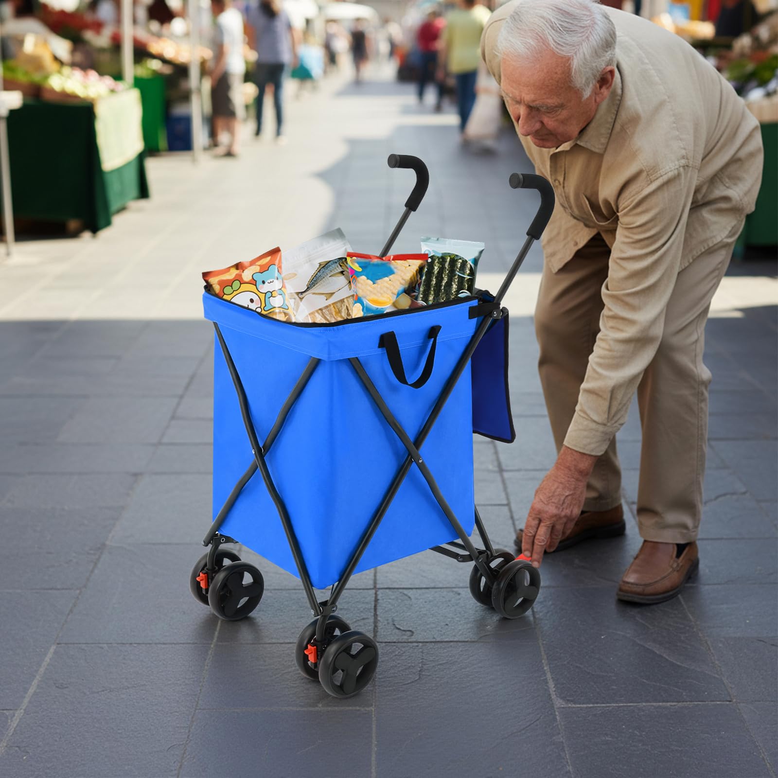 Carrello pieghevole con borsa da 38 l, portata fino a 70 kg, con ruote anteriori orientabili e freni, per shopping, campeggio, animali domestici (blu)